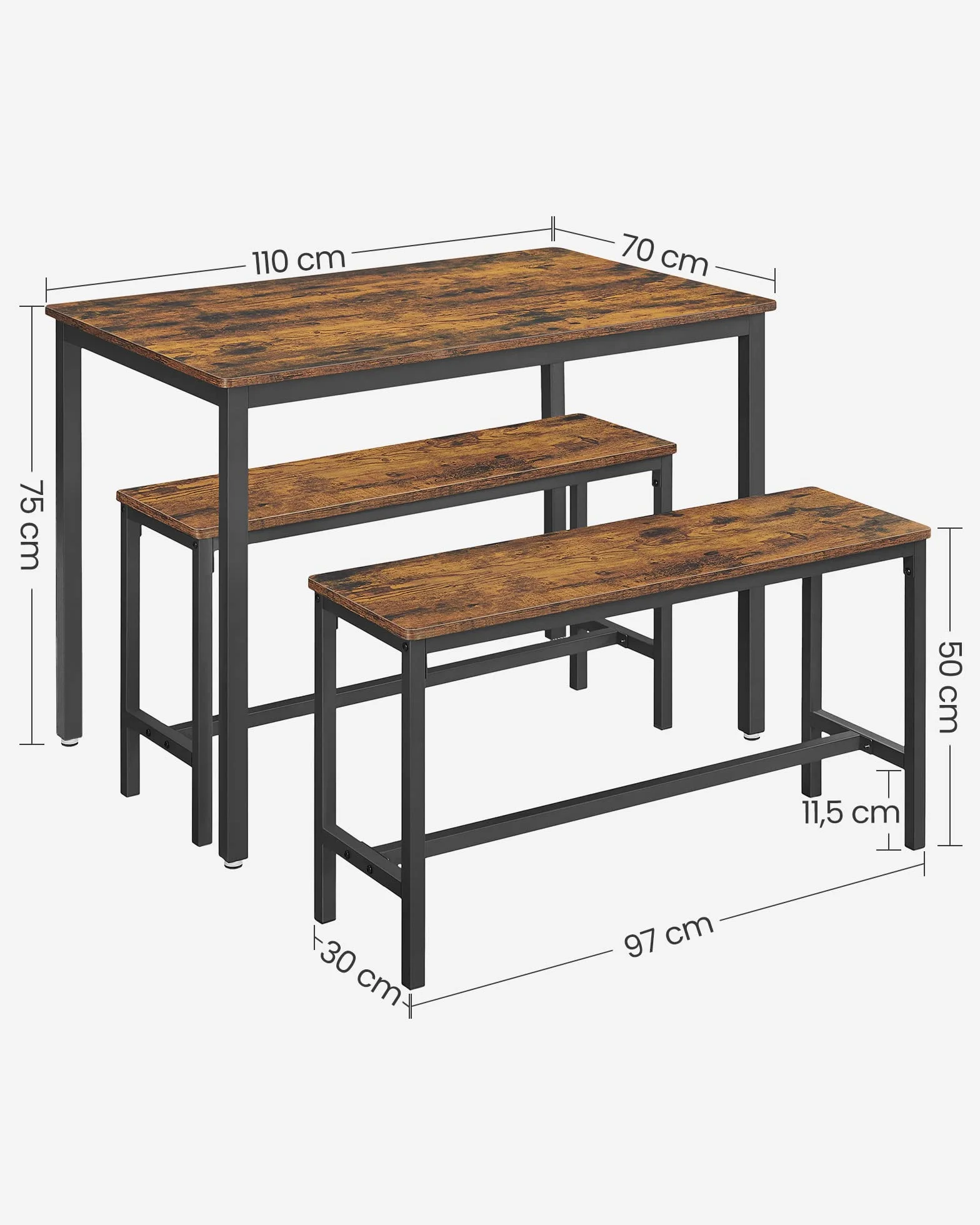 VASAGLE Tavolino da Pranzo con 2 Panche, Set di 3 Pezzi, Tavolo da Cucina 70 x 110 x 75 cm, 2 Panche 30 x 97 x 50 cm, Struttura in Acciaio, Marrone Vintage e Nero KDT070B01