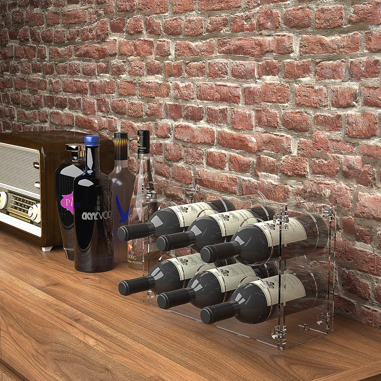 Cantinetta vino acrilico trasparente per 6 bottiglie diametro 85mm portabottiglie da appoggio