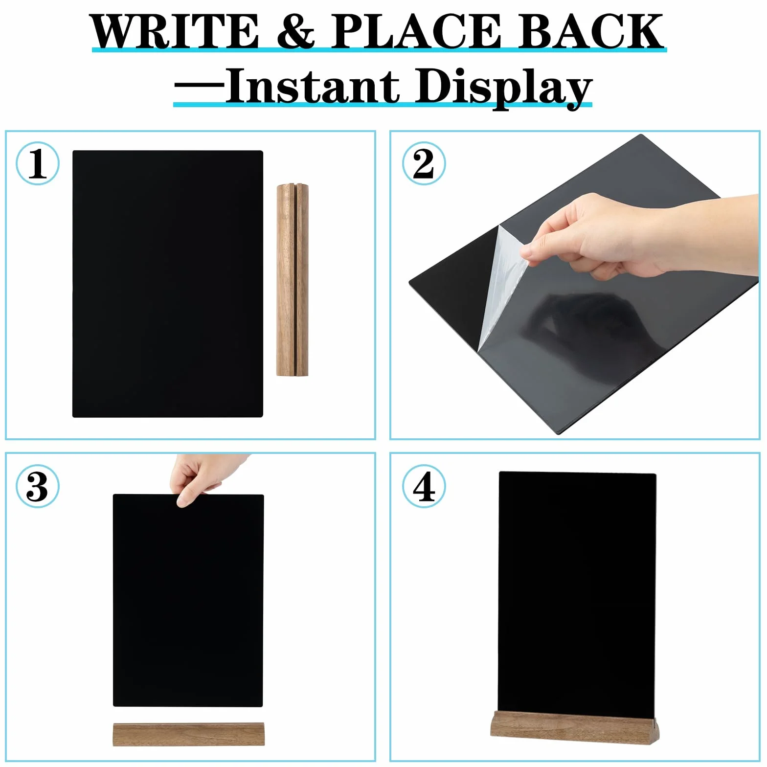 4 Pezzi A4 Lavagna Doppia Faccia Acrilico con Supporto Legno, Lavagna Nera Porta Menu A4 Bancone Ristorante, 3mm Compatibile Gesso Liquido e Standard per Caffè Trattoria Osteria Bar Negozio