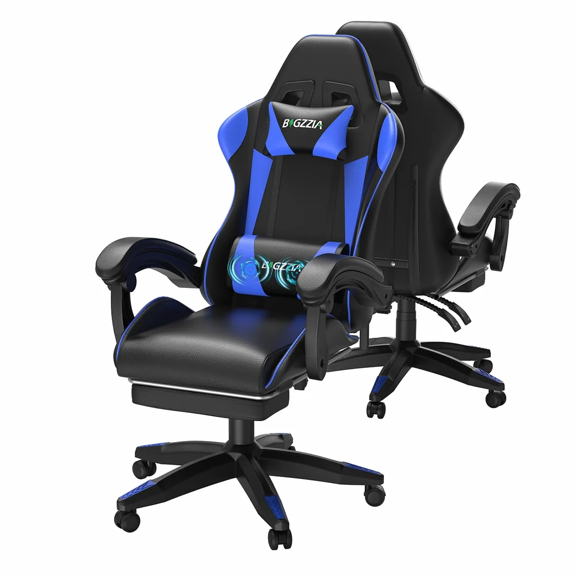 bigzzia Sedia Gaming, Sedie Ergonomica con Poggiapiedi per Videogiochi, Sedia da Gaming con Cuscino Lombare Massaggiante e Poggiatesta per Giocare, Studiare e Lavorare in Ufficio (Blu)