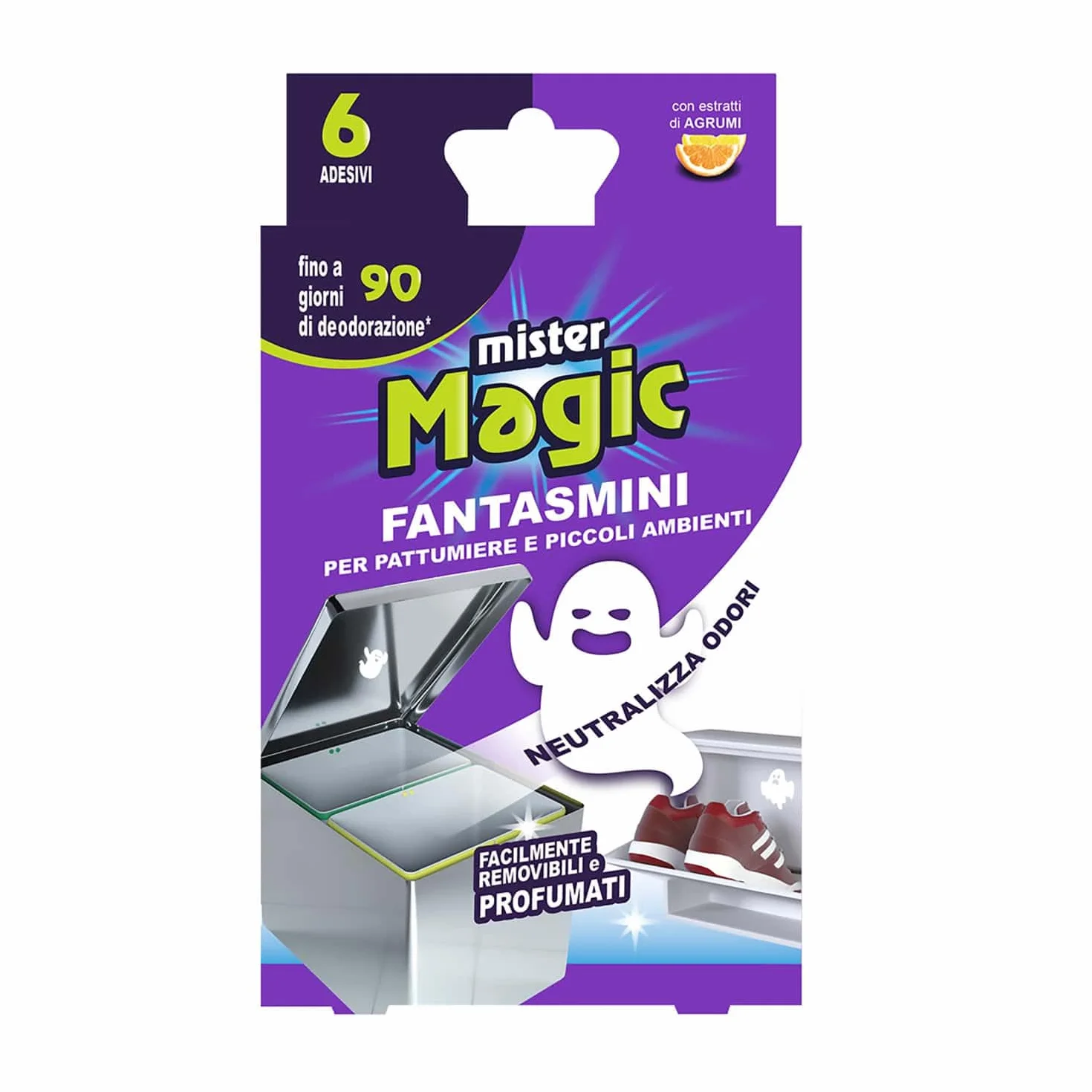 Mister Magic, Zero Odori per Pattumiere e Piccoli Ambienti, Pratici Adesivi per la Rimozione dei Cattivi Odori, con Estratti di Agrumi