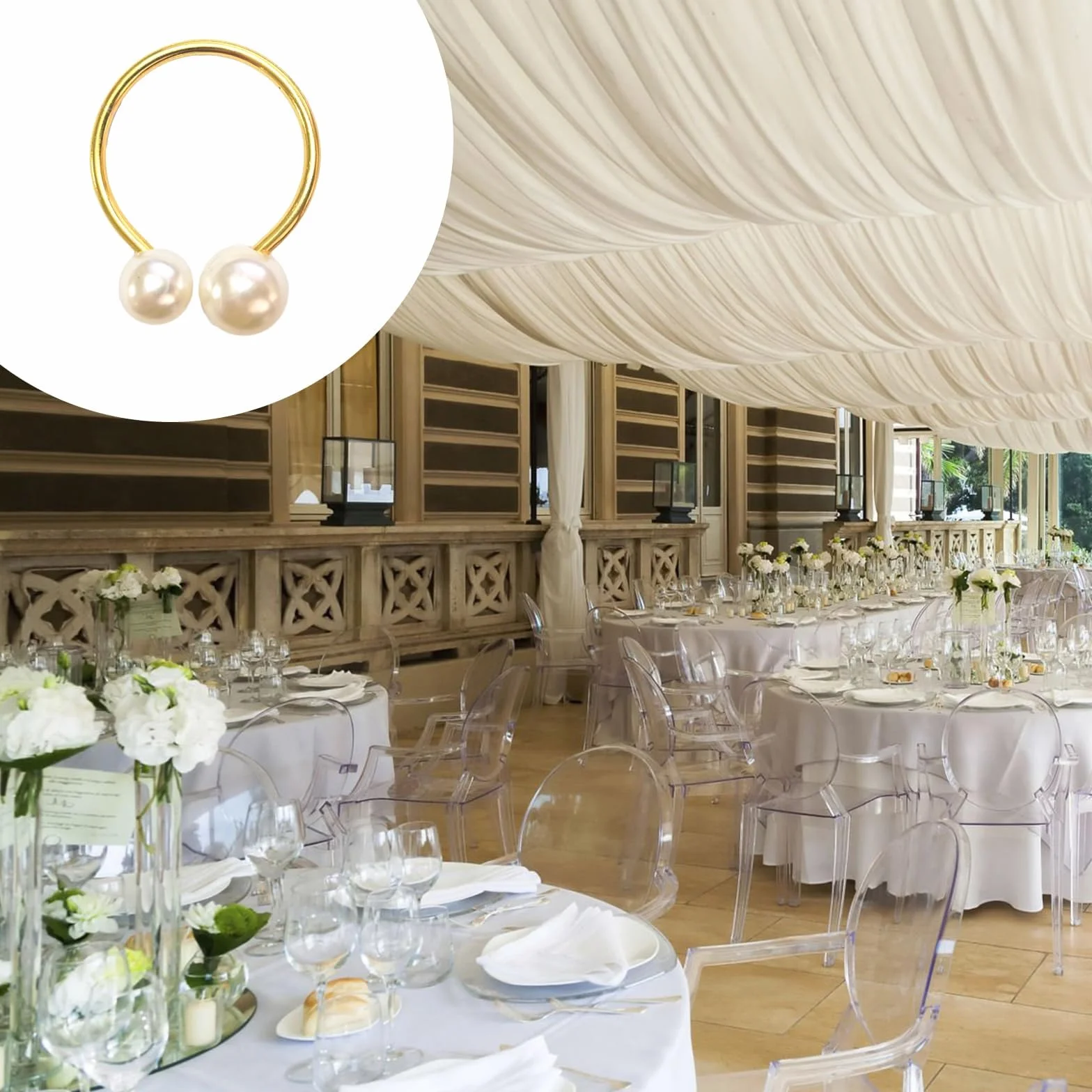 Set di 6 Anelli Porta Tovaglioli Oro con Perle, Portatovaglioli Eleganti in Metallo Dorato, Anelli di Tovagliolo per Decorazioni Matrimonio, Festa, Natale, Compleanno, Anniversario, Hotel e Ristorante