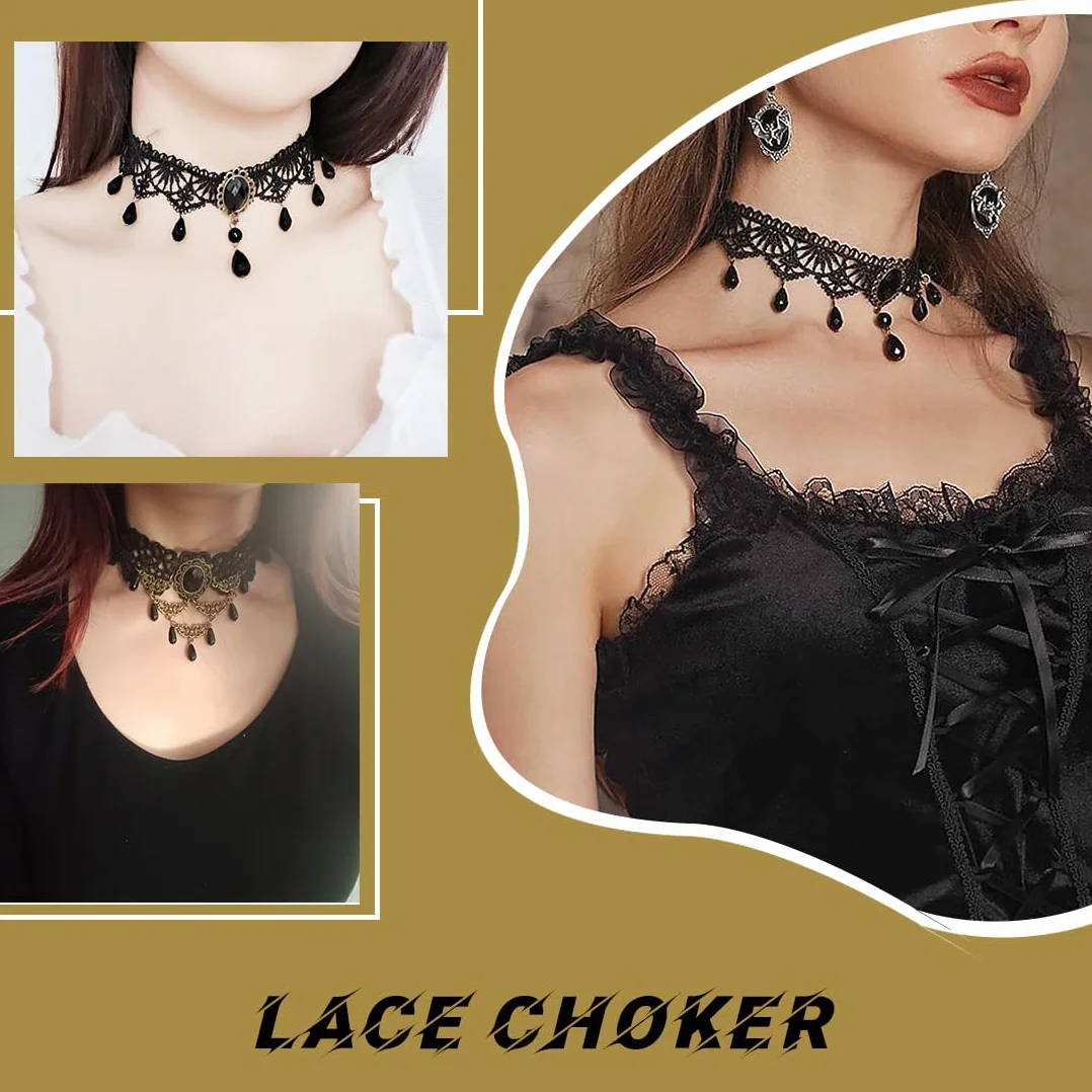 Collana Girocollo Gotica in Pizzo Set da 2 Pezzi Nero con Strass Ciondolo a Goccia