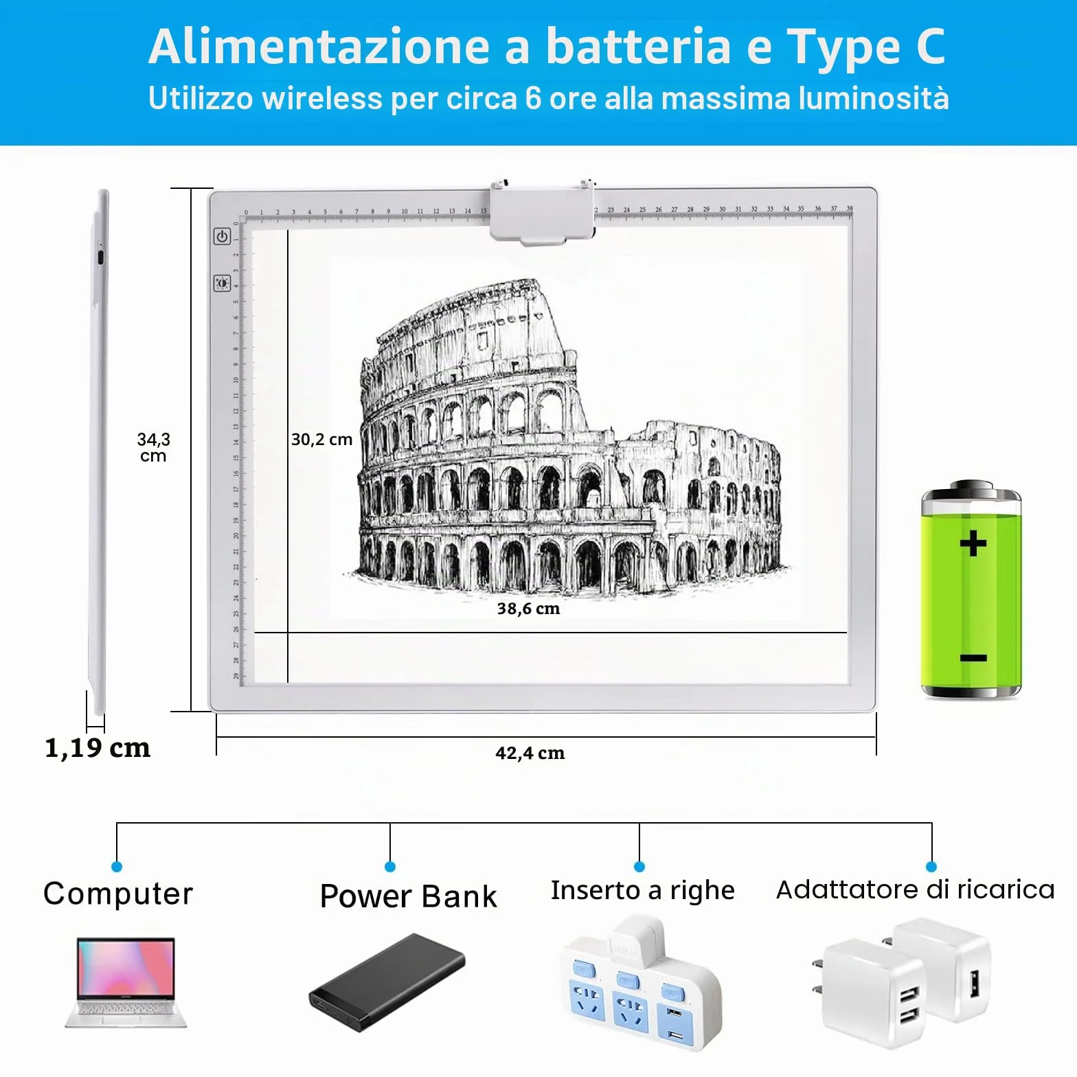 TOHETO A3 Ricaricabile Tavoletta Luminosa per Disegnare con Supporto Pieghevole, Light Box LED per Disegno, Luminosità Regolabile, Bianco
