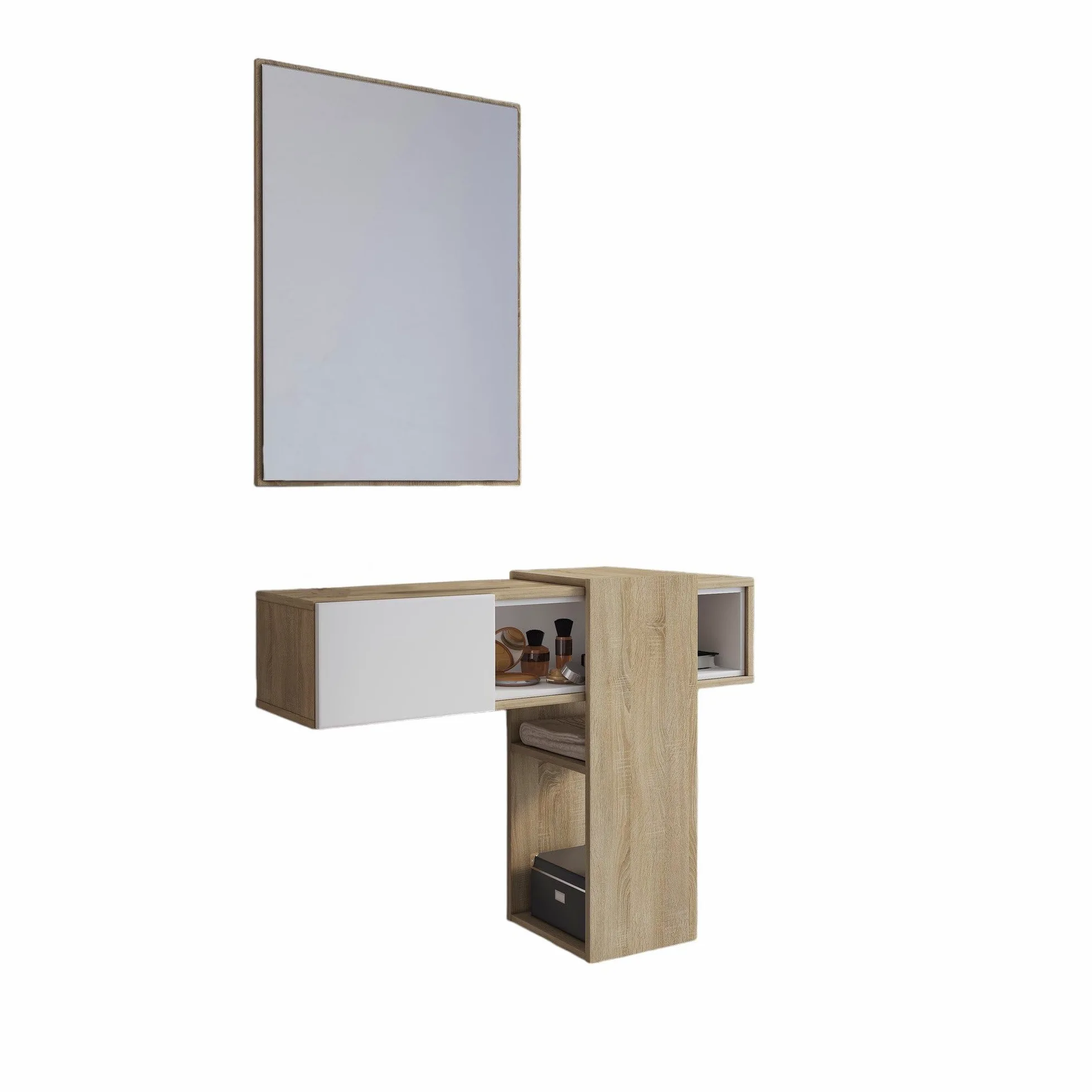 Dmora - Mobile da ingresso Baffin, Entratina appendiabiti, Composizione per atrio, Consolle portaoggetti multifunzione, 100x31h75 cm, Rovere e Bianco
