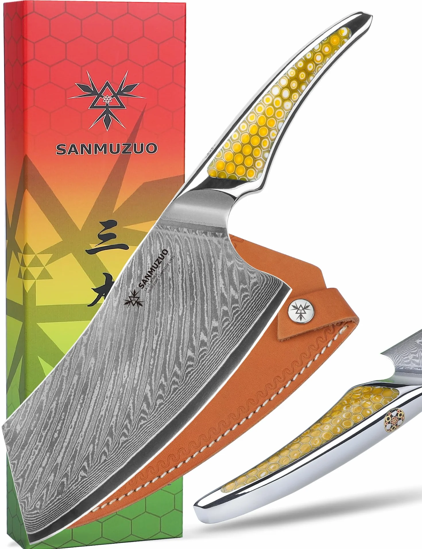 Coltello Nakiri da 18CM, coltello da carne giapponese in acciaio damasco VG-10, coltello da verdura ultra affilato con impugnatura a codolo intero in resina Giallo, serie LA-S9