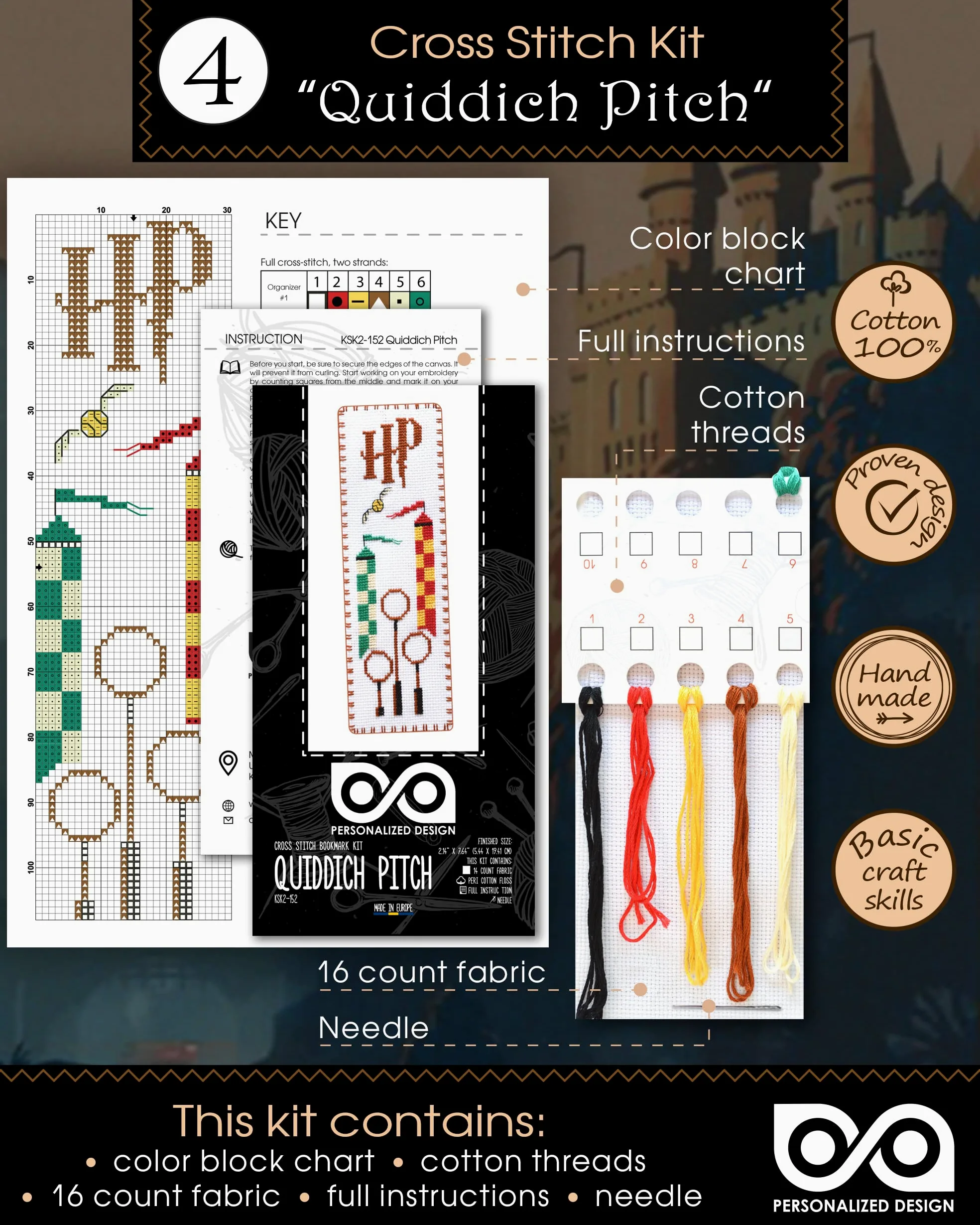 Personalized.Design Kit punto croce contato Magic World of Wizards – Segnalibri 7 in 1 fai da te ricamati a mano