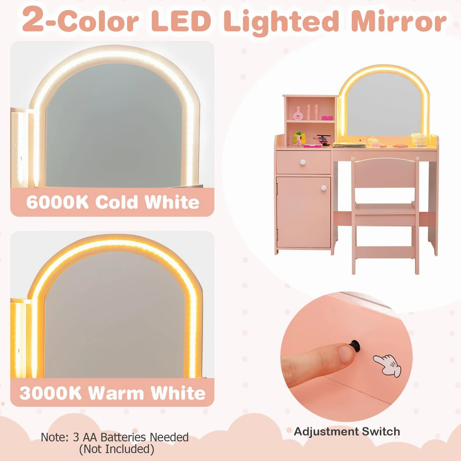 LIFEZEAL 2 in 1 Tavolo da trucco per bambini con sedia, tavolo da trucco ragazza con specchio LED e armadietto, tavolo da toeletta in legno con cassetto e scaffale, 3+ anni, carico di 50 kg (rosa