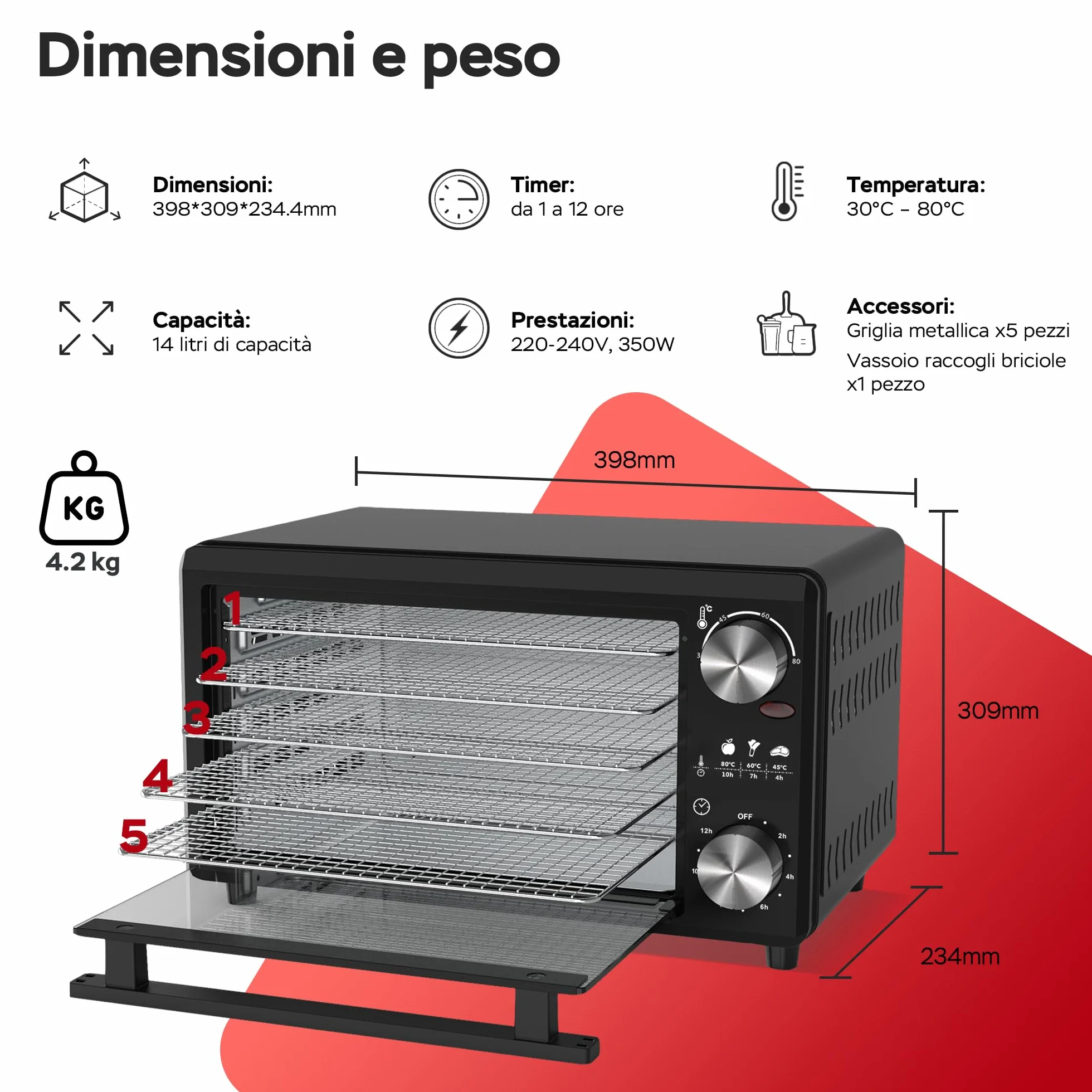 TurboTronic FD14 - Disidratatore Alimentare 14 L con 5 Vassoi - Essiccatore Alimentare a 5 Ripiani per Frutta, Verdura, Funghi, Carne, Pesce ed Erbe - Temperatura e Timer Regolabili (Black)