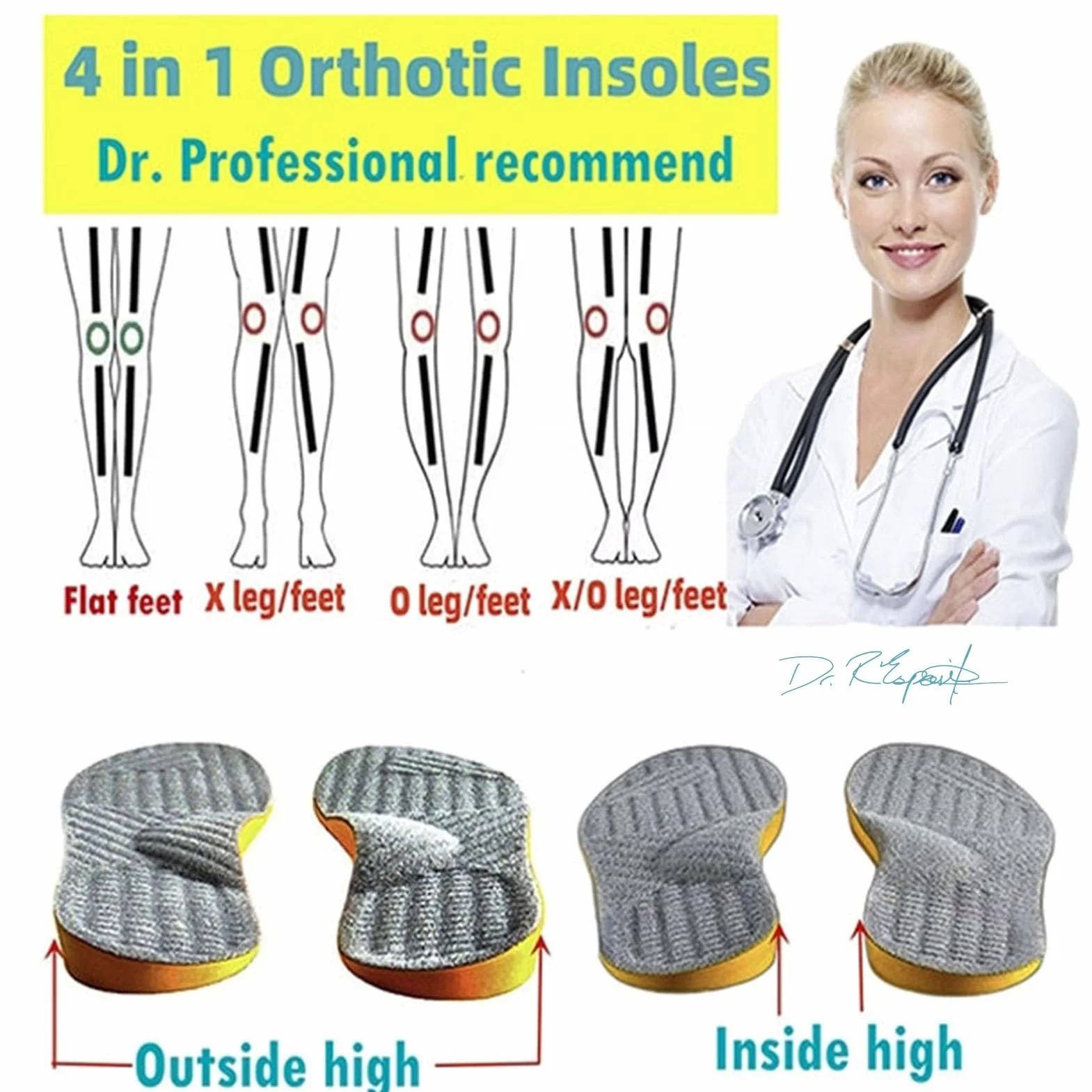 Goofort Solette ortopediche per correggere la postura, 4 in 1, in gel, per donne e uomini, fascite plantare, pronazione, piedi piatti, supporto per arco alto, metatarsalgia X/O, valgo, varo