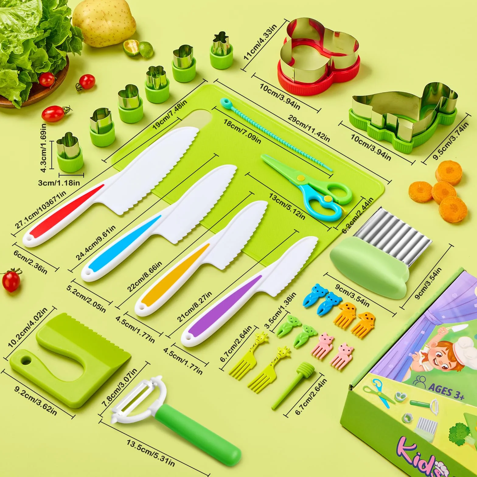Set di coltelli per bambini, set di coltelli di sicurezza da cucina per bambini da 28 pezzi, set di coltelli per bambini con coltello per pomodori, taglierino, coltello di plastica, pelapatate