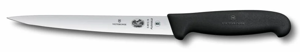 Victorinox Fibrox - Coltello per sfilettare, coltello da cucina affilato per carne e pesce, 18 cm, lama dritta, flessibile, in acciaio inox, Nero