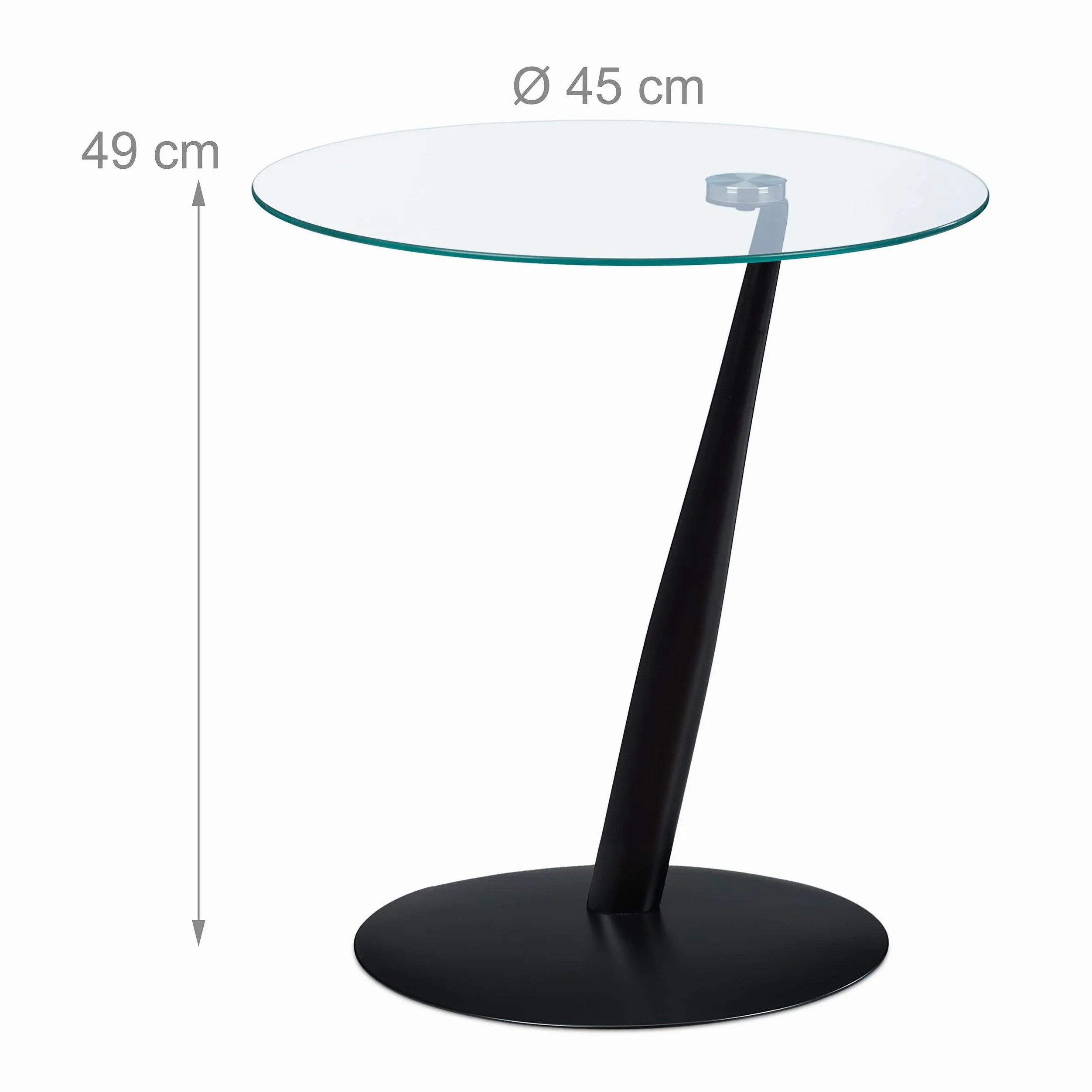 Relaxdays Tavolino da Salotto, Rotondo, Base in Acciaio, Ripiano in Vetro, HD 49x45 cm, Design Moderno, Nero/Trasparente