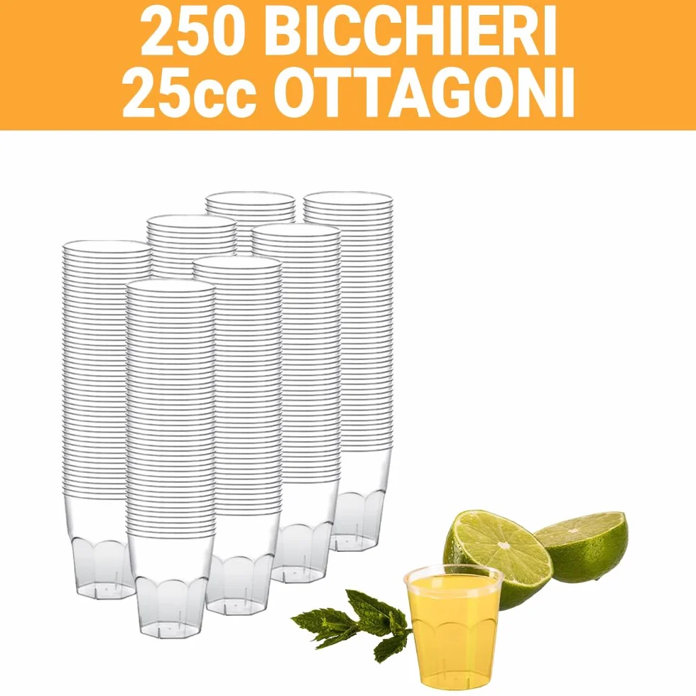 G.M. DISTRIBUZIONE Bicchieri da Liquore Shot Plastica Rigida 25cc Ottagonali Resistenti Riutilizzabili per Feste