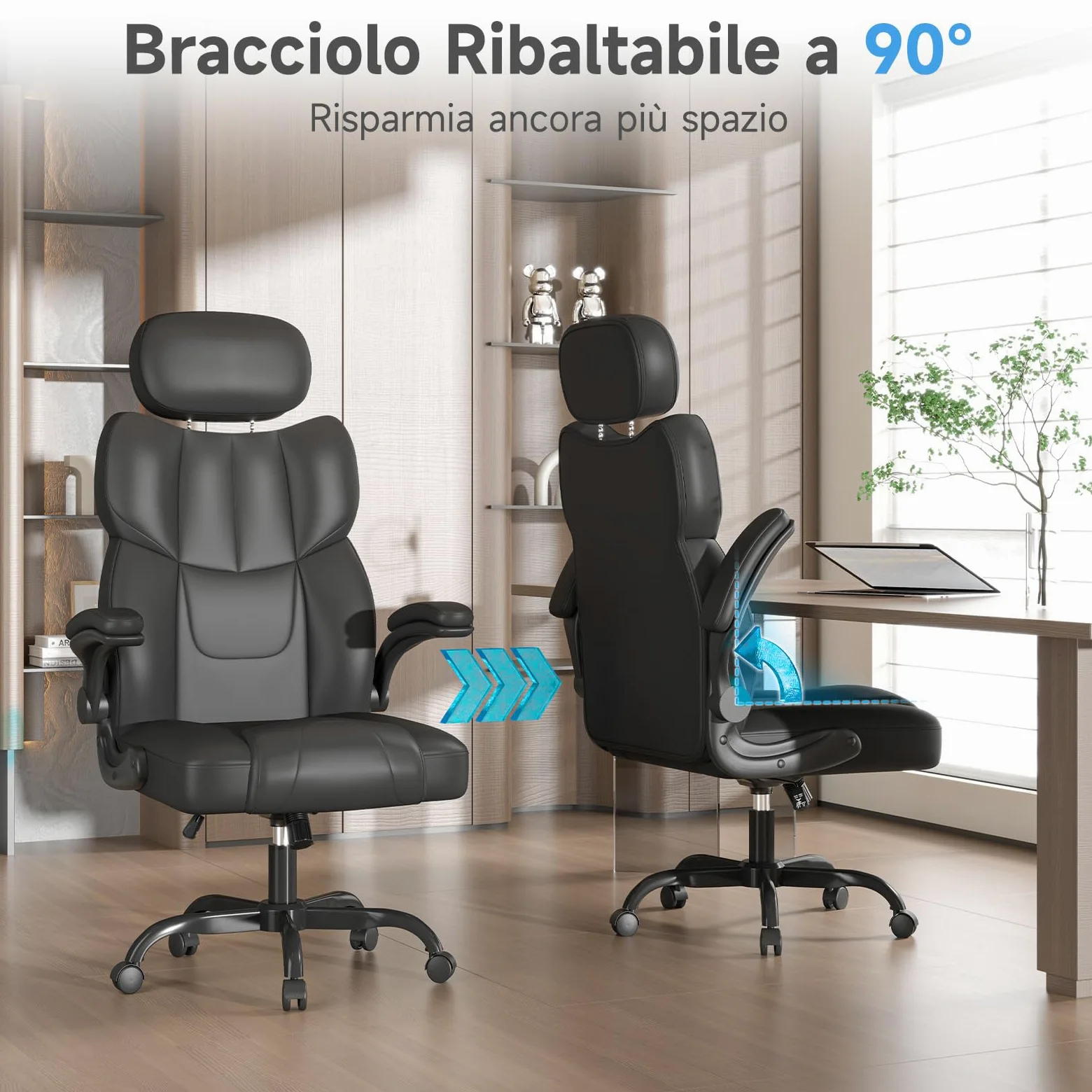 naspaluro Sedia Ufficio Ergonomica con Braccioli Regolabili, Sedia Scrivania con Rotelle, Poltrona Direzionale PU, Supporto Lombare, Schienale Alto 83 cm, Altezza Regolabile e Girevole 360°, Nero