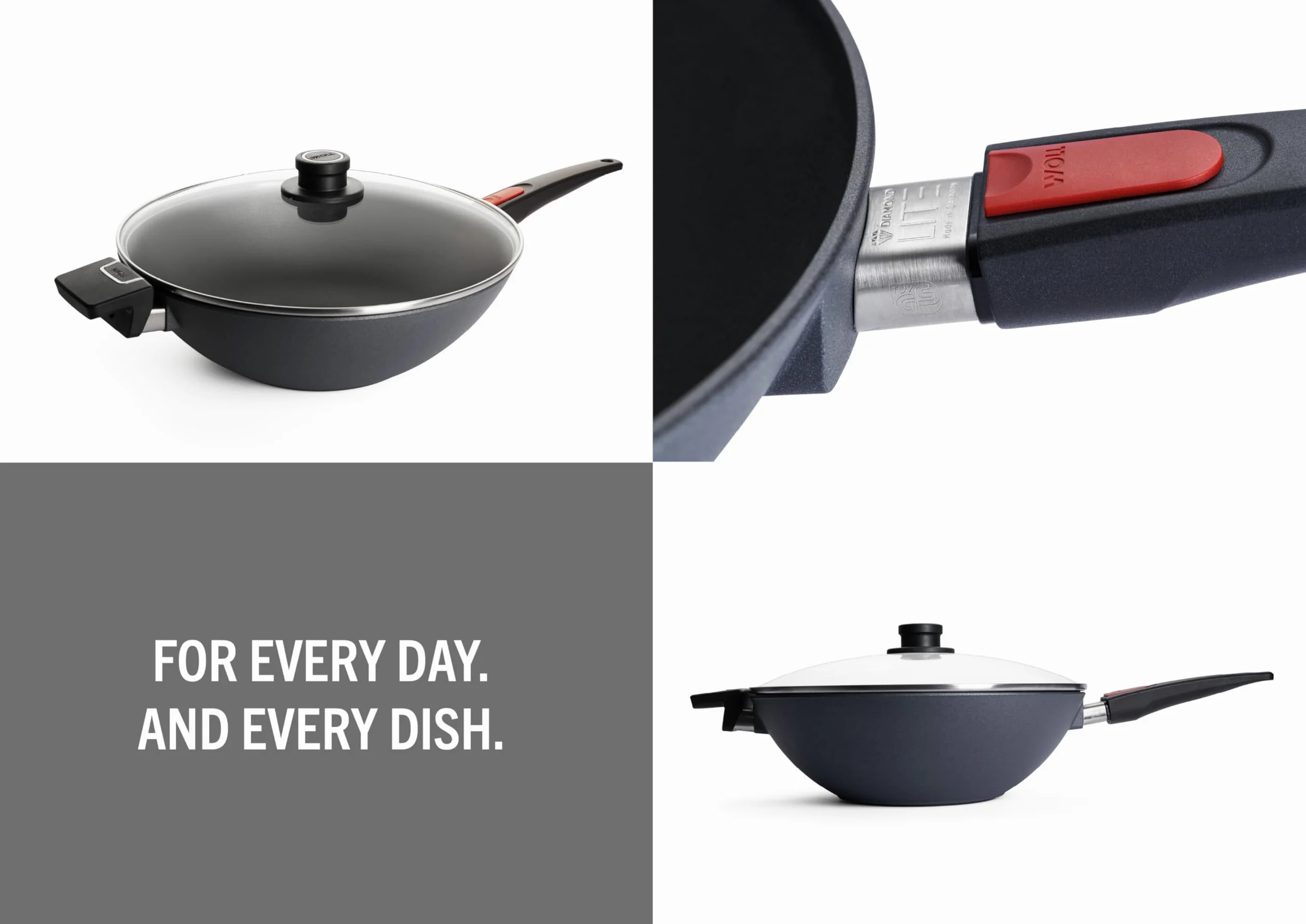Woll 11034DPIL Diamond Lite in ghisa-Wok a induzione con Coperchio in Vetro in Scatola, Diametro 34 cm, 11 cm Altezza con Manico Rimovibile
