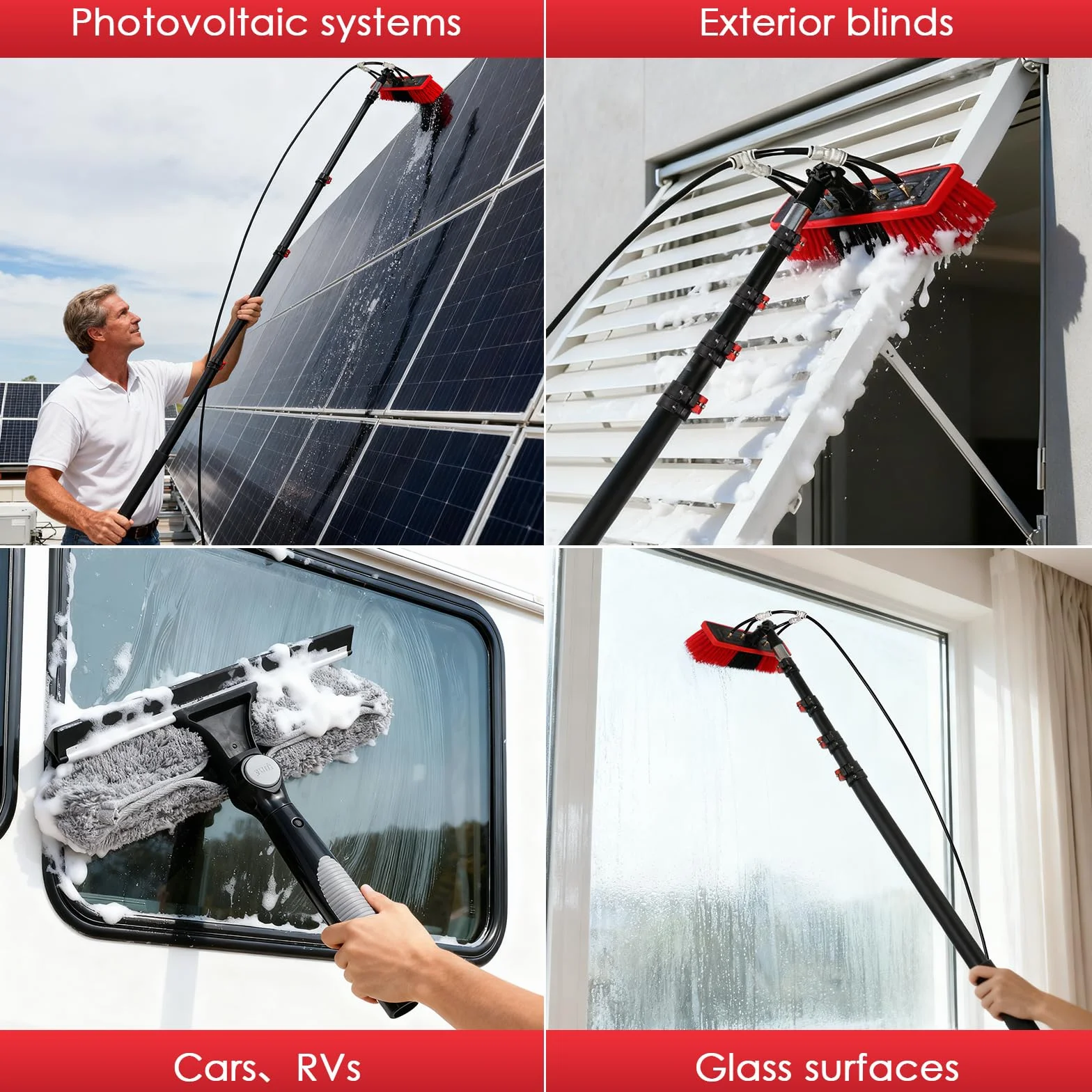 Spazzola di lavaggio telescopica 4 in 1, 7,2 m, per fotovoltaici, finestre, camper e tetti – asta telescopica e spazzola telescopica, set di pulizia con attacco dell'acqua, spazzola per la pulizia e