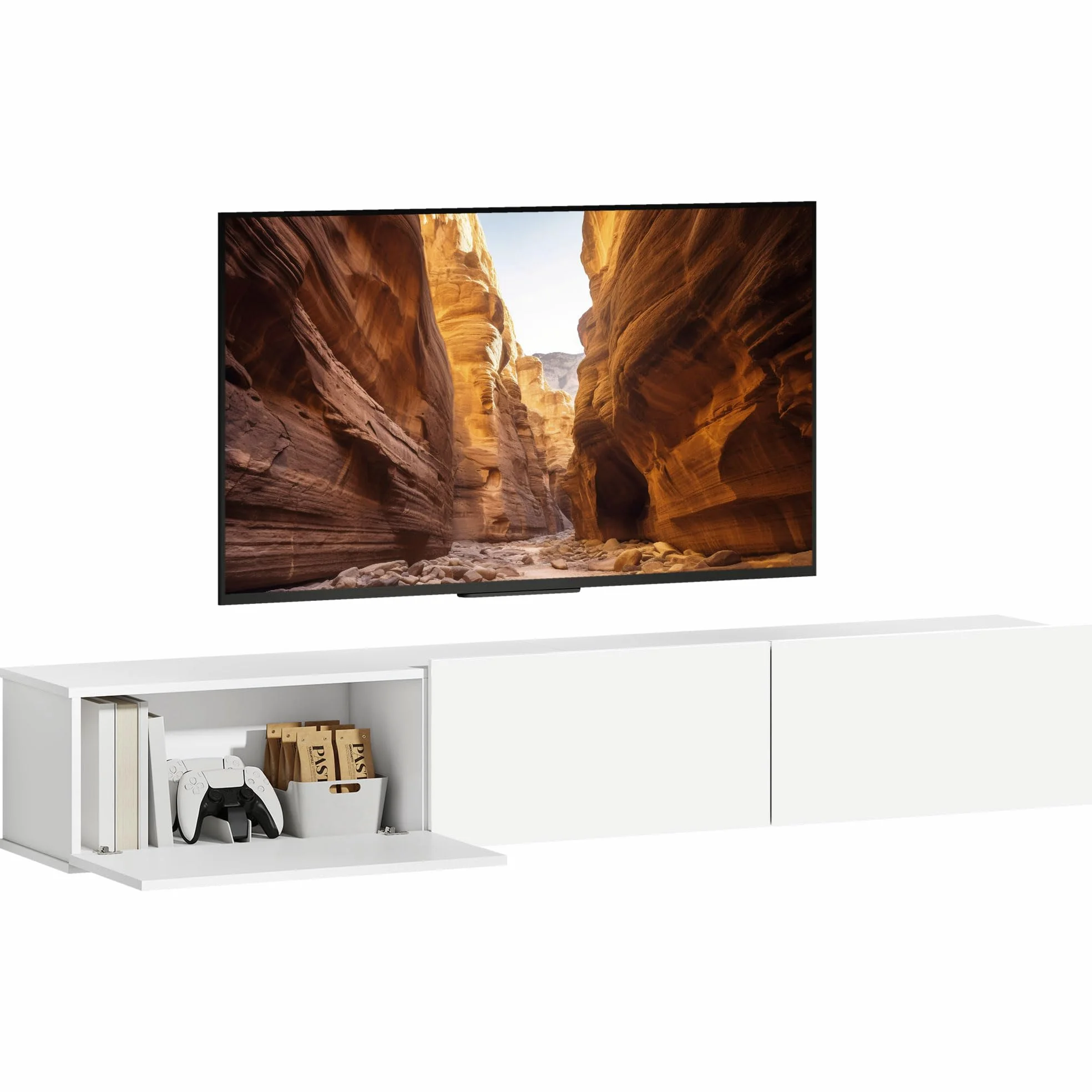 HOMCOM Mobile TV Sospeso, Mobile Porta TV Fino a 82" con Armadietti 3 Ante a Ribalta Soft Close, Mobiletto per Televisore per Soggiorno, Camera da Letto e Salotto, 180x31.5x29.8 cm, Bianco