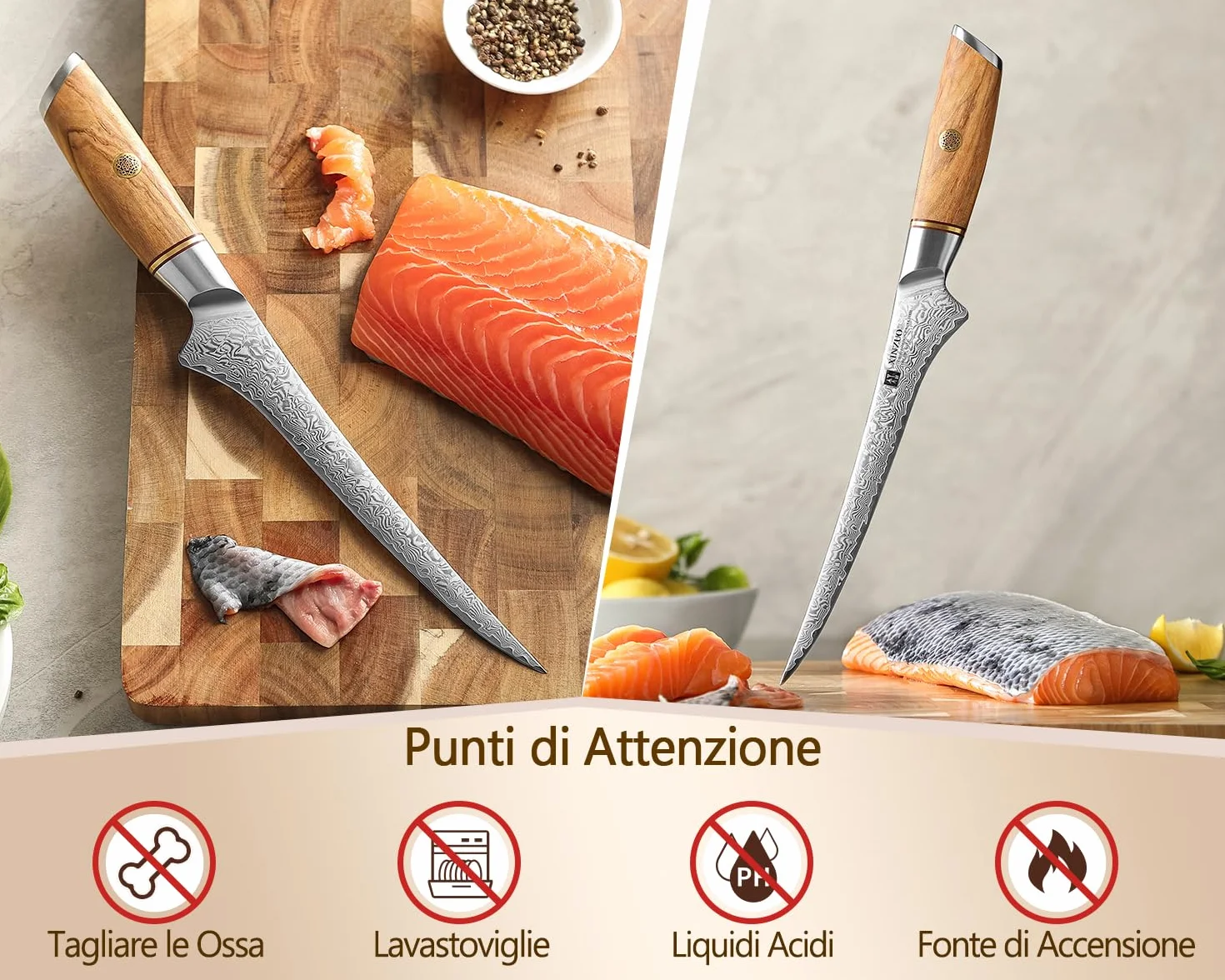XINZUO 17,8cm Coltello per Sfilettare Acciaio a Polvere di Damasco a 73 Strati -Professionale Coltello da Filetto Cucina Bordo Disossare Pesce e Carne -Manico in Legno d'Ulivo