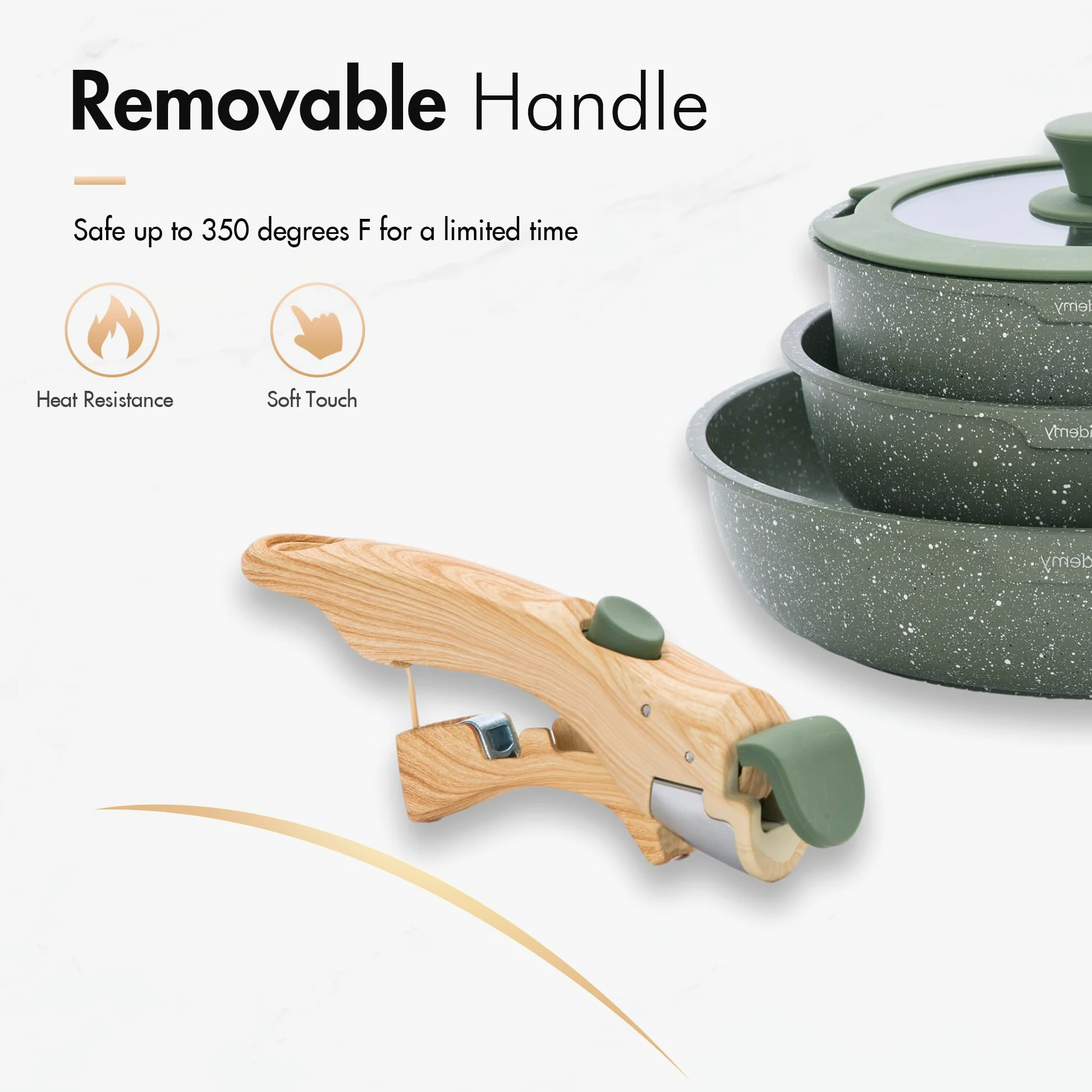 Kitchen Academy Set di pentole antiaderenti, 10 pezzi, pentole e padelle rivestite in granito a induzione con manico staccabile, impilabili, set da cucina per campeggio, campeggio, verde