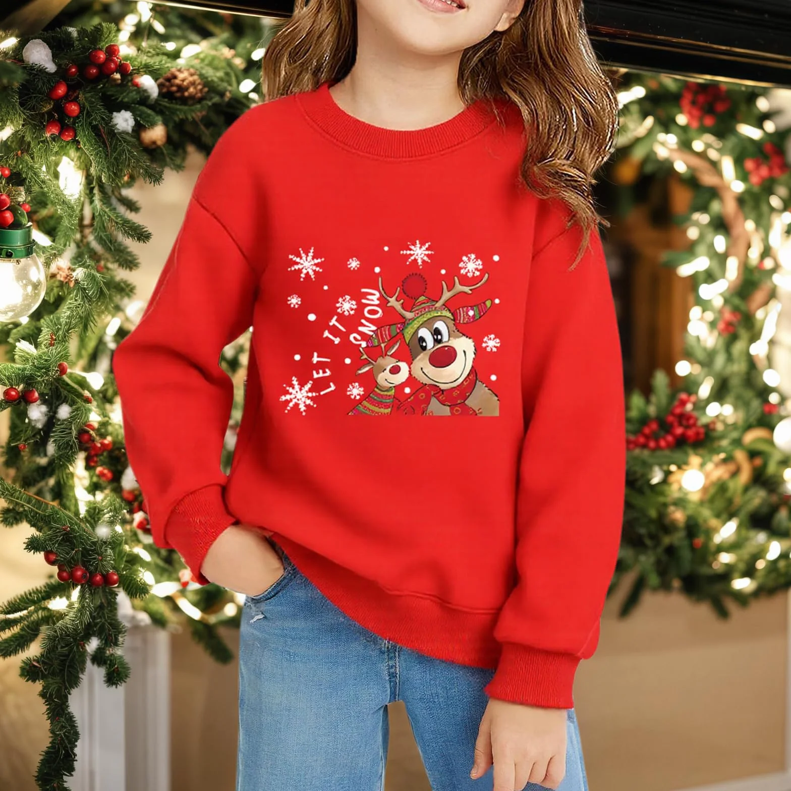 Felpe di Natale Rosso Ragazza Casual Manica Lunga Maglione di Natale Bambini Cotone Manica Lunga Stampa Natale Top 2-14 Anni