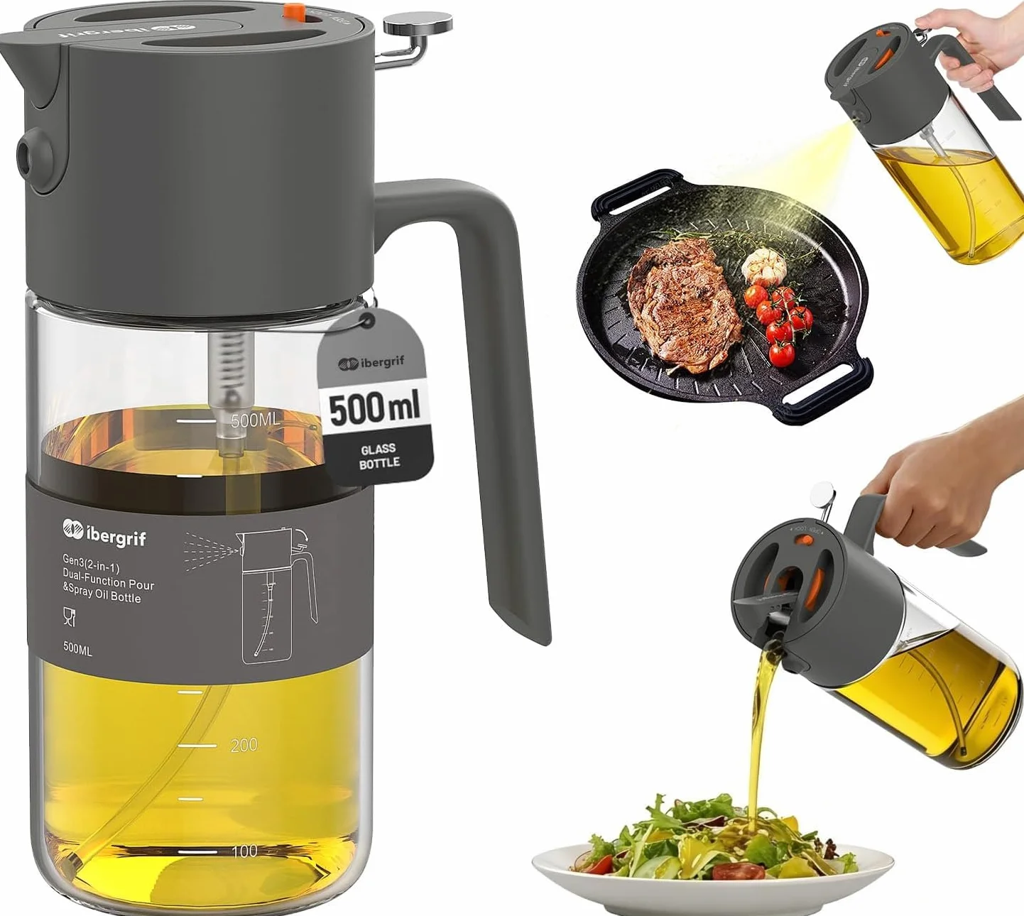 Ibergrif Spruzzatore Olio 2 in 1 500ml, Bottiglia Vetro Borosilicato Antigoccia per Friggitrice Aria