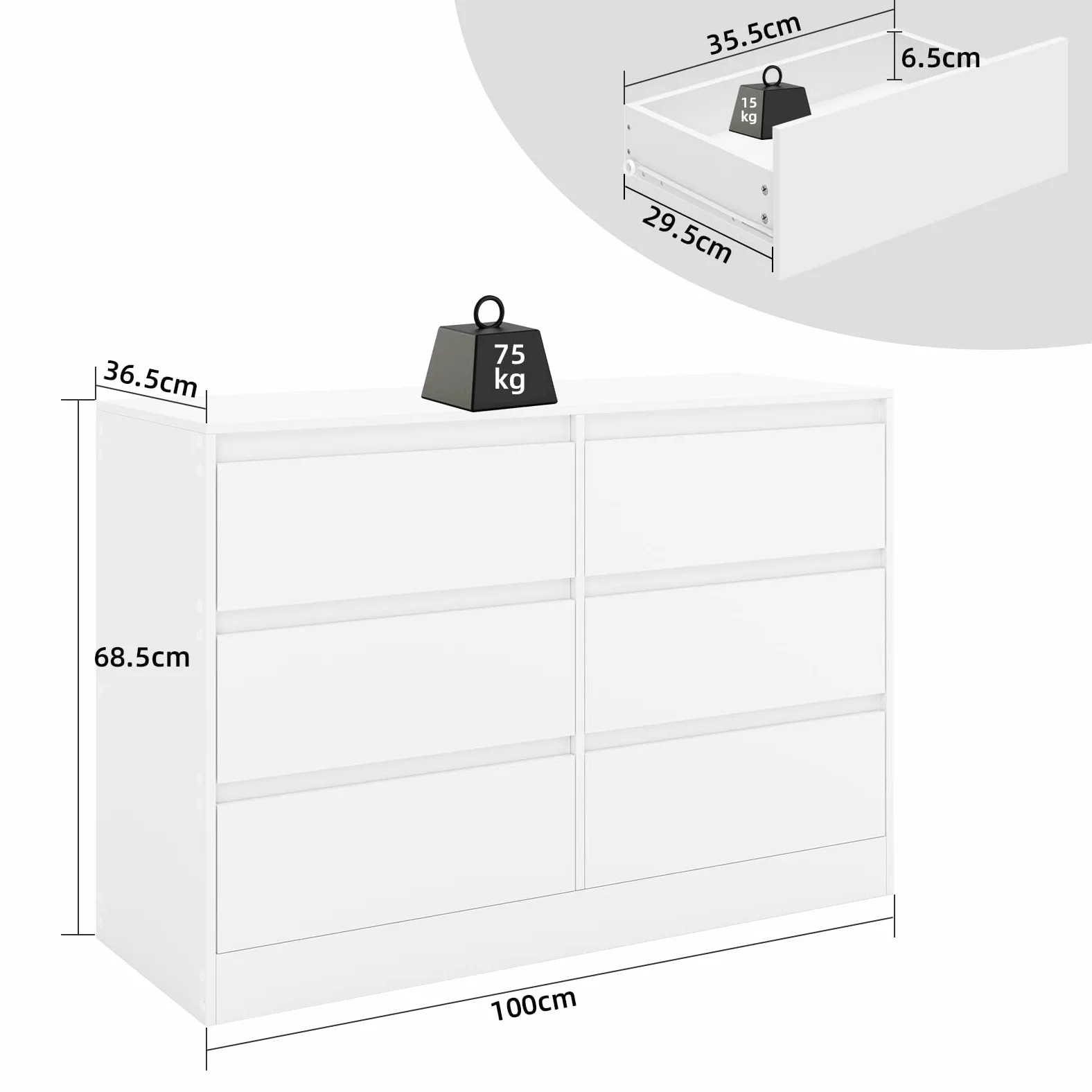Cassettiera Camera da Letto, Moderna Comò Camera da Letto in Legno, per Soggiorno, Sala da Pranzo e Corridoio, 100 x 37 x 69 cm，Bianco