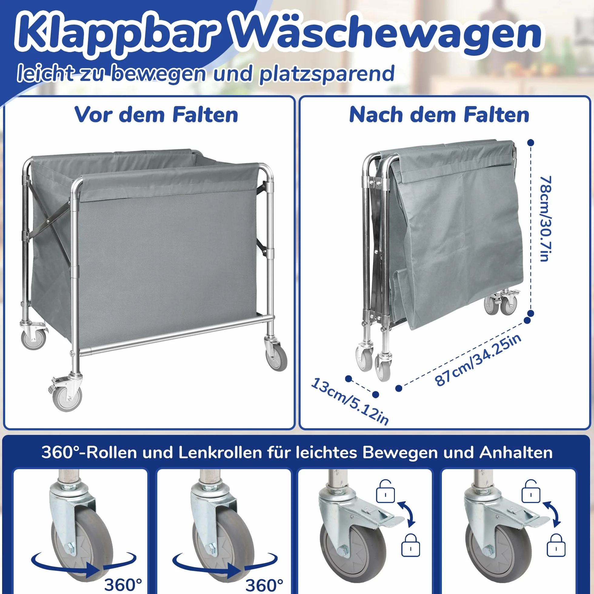 bimiti Carrello per la biancheria, in acciaio inox, con ruote, pieghevole, con portata di 100 kg, per la casa, hotel, 87 x 52 x 78 cm