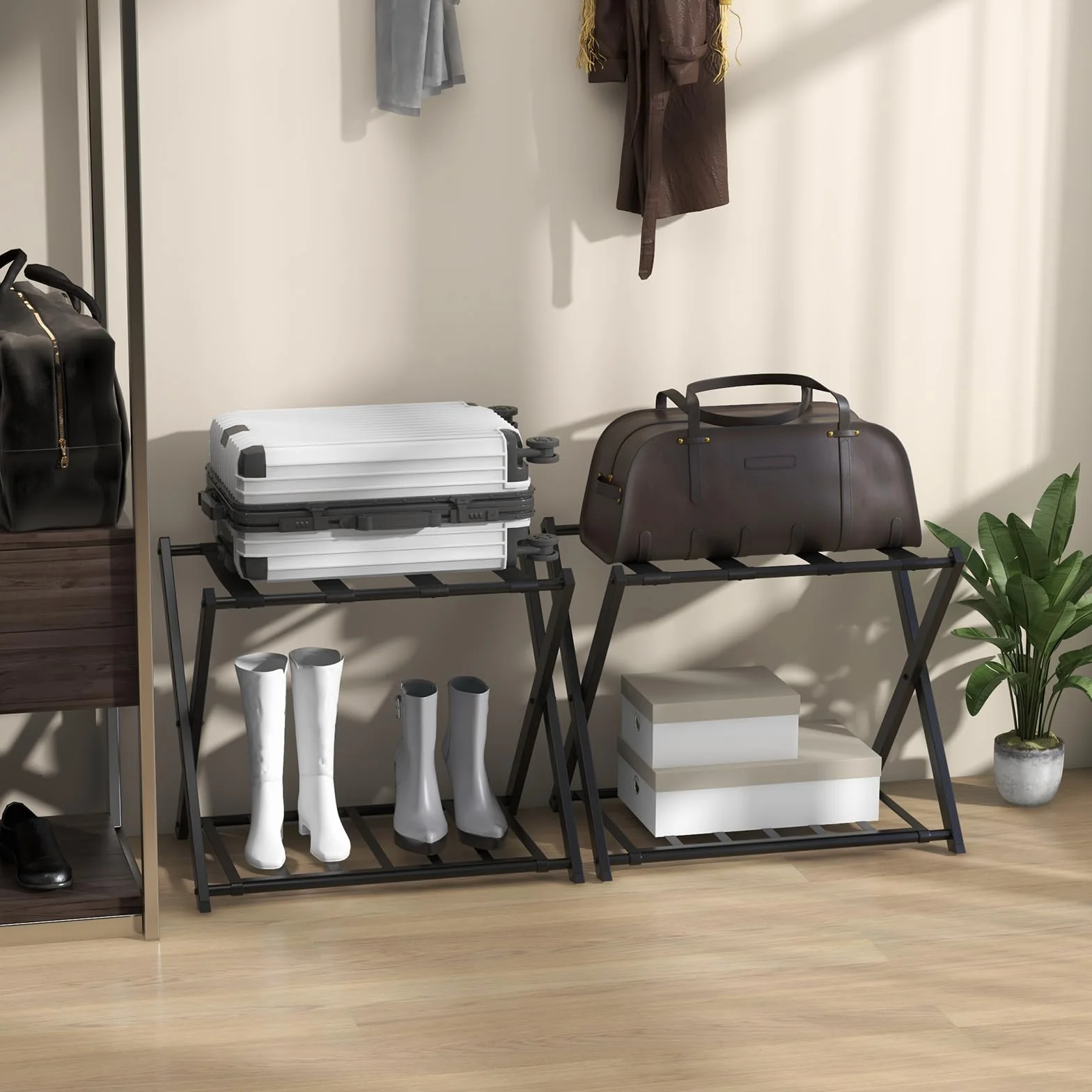 SOARS Portavaligie Pieghevole in Metallo 2 Pezzi 68x45x57 cm Cavalletto Reggivaligie Multiuso con 2 Ripiani Portata 80 kg Nero