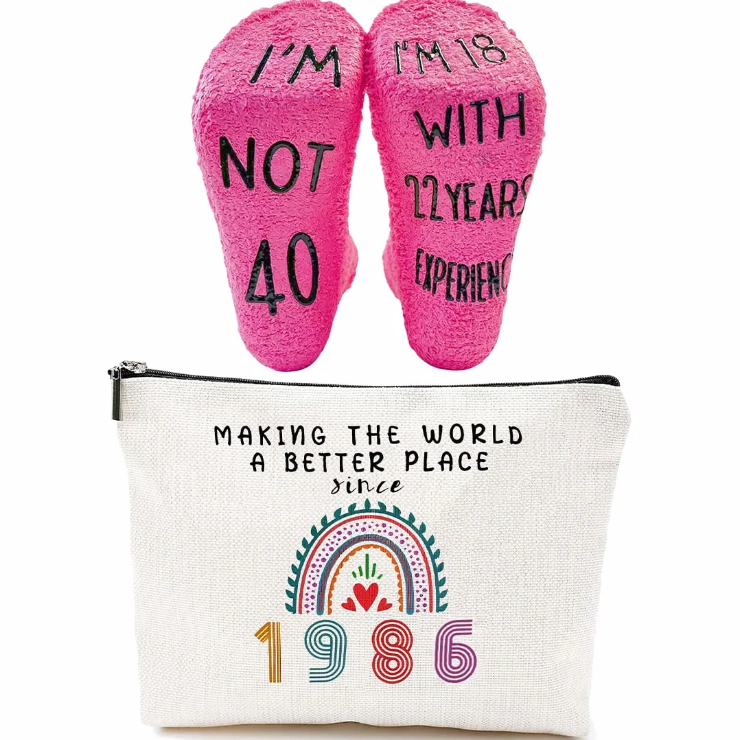 2 Pcs Beauty Case Perfetto Per Il 40º Compleanno, Ideale Come Regalo, Regali di Compleanno per Donne, tra Cui Borsa per il Trucco e Calzini di Compleanno Ideali per Donne (1986-40 anni)