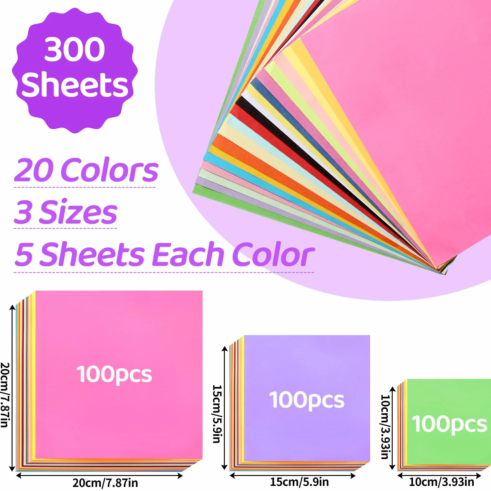 Carta Origami 300 Fogli 20x20 cm 15x15 cm 10x10 cm 70gsm Double Face per Bricolage Artigianato