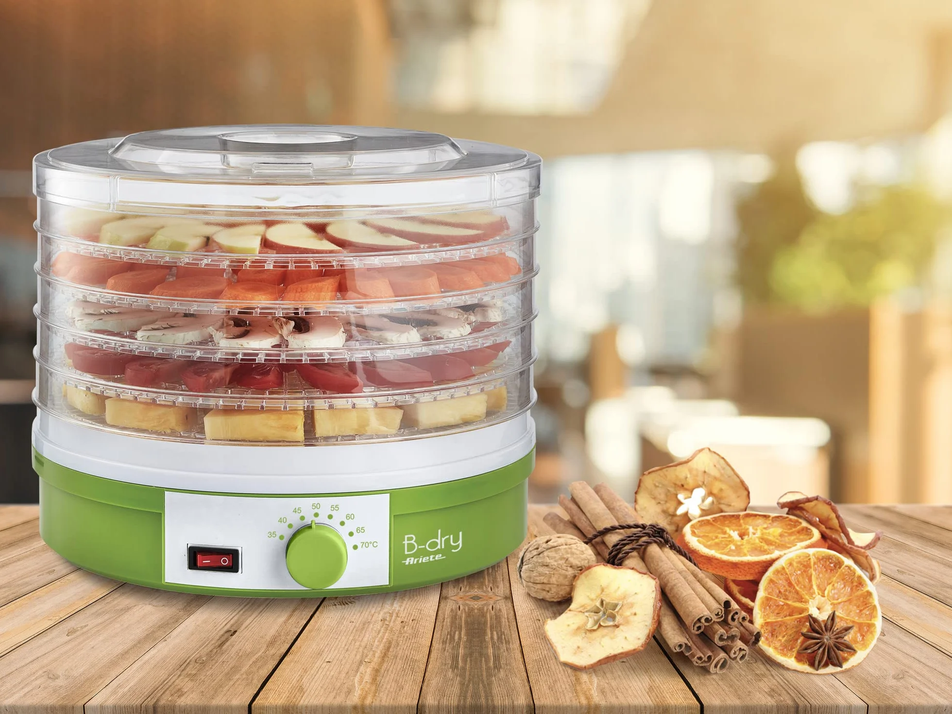 Ariete B-DRY 616, Essiccatore e Disidratatore Alimentare per Frutta e Verdura, 5 Cestelli Removibili, Temperatura da 35°C a 70°C, 245W, Verde