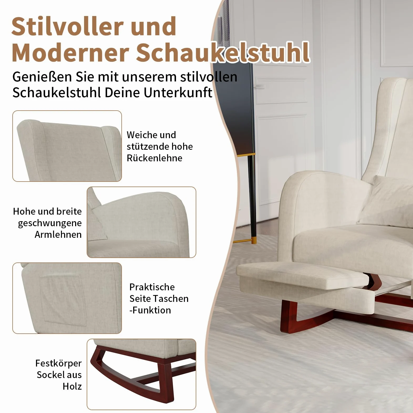 Sedia a dondolo poltrona relax sedia a dondolo con poggiapiedi, sedia per allattamento sedia oscillante con tessuto di lino e cuscino lombare e 2 tasche laterali, comoda poltrona da lettura per