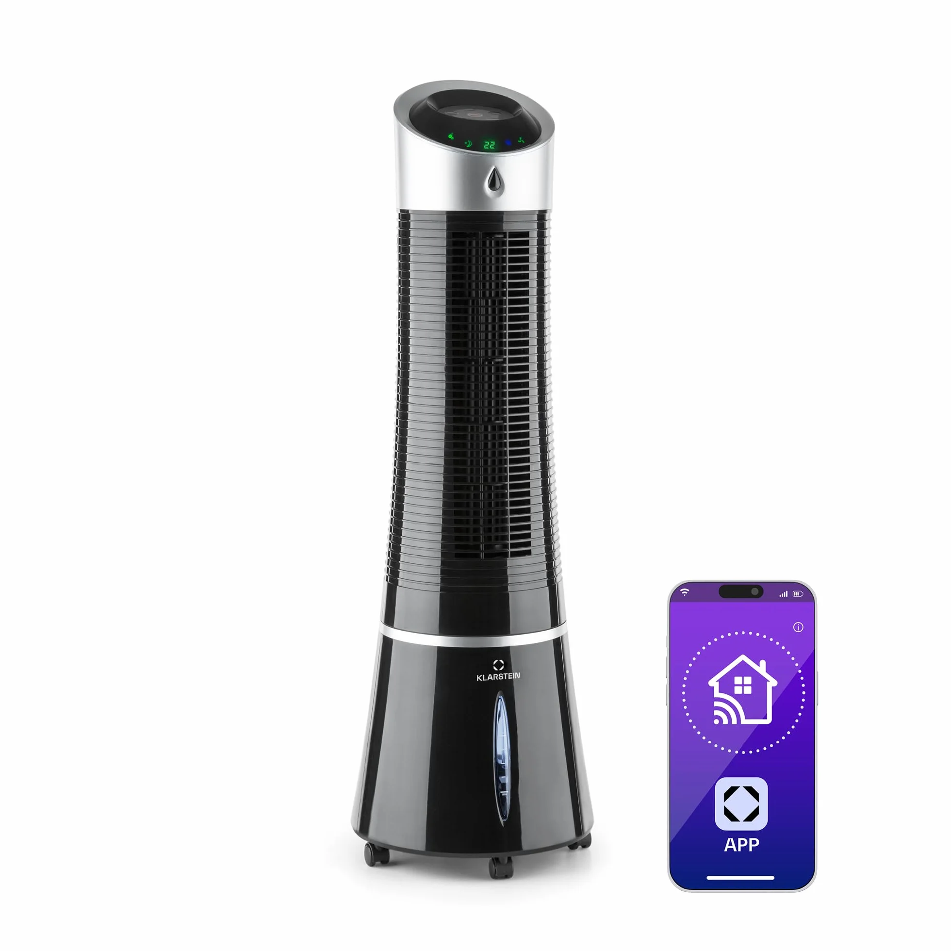 Climatizzatore 4in1: raffrescatore evaporativo, ventilatore, umidificatore/ionizzatore, 6L, oscillazione, 30W, 210m³/h, timer, no tubo di scarico, portatile, Klarstein, Nero, Skyscraper Ice Smart