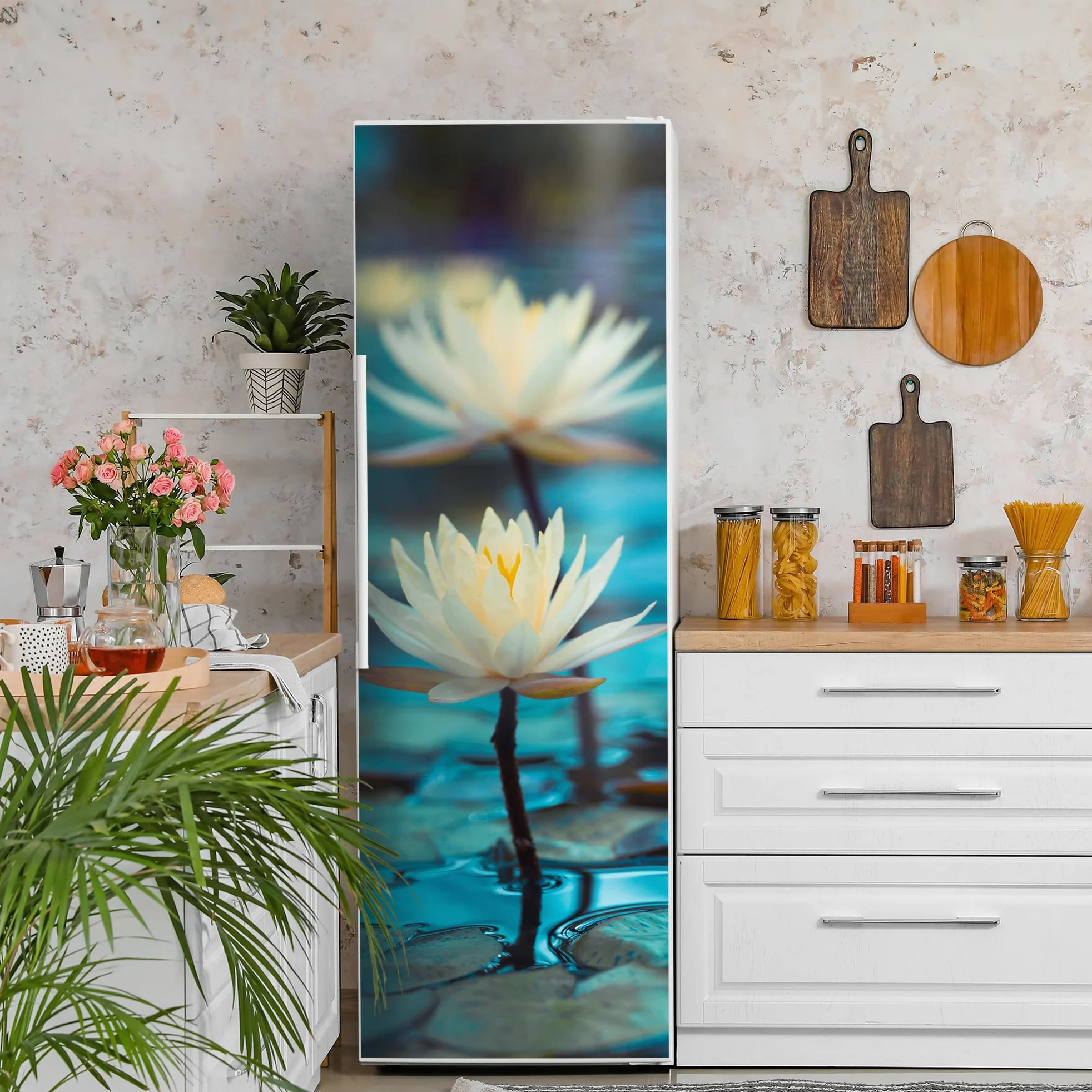 DEQORI Pellicola magnetica per frigorifero, 60 x 180 cm, motivo ninfee, serenità, tappetino magnetico decorativo per congelatore, pellicola decorativa autoadesiva, magnetica e impermeabile