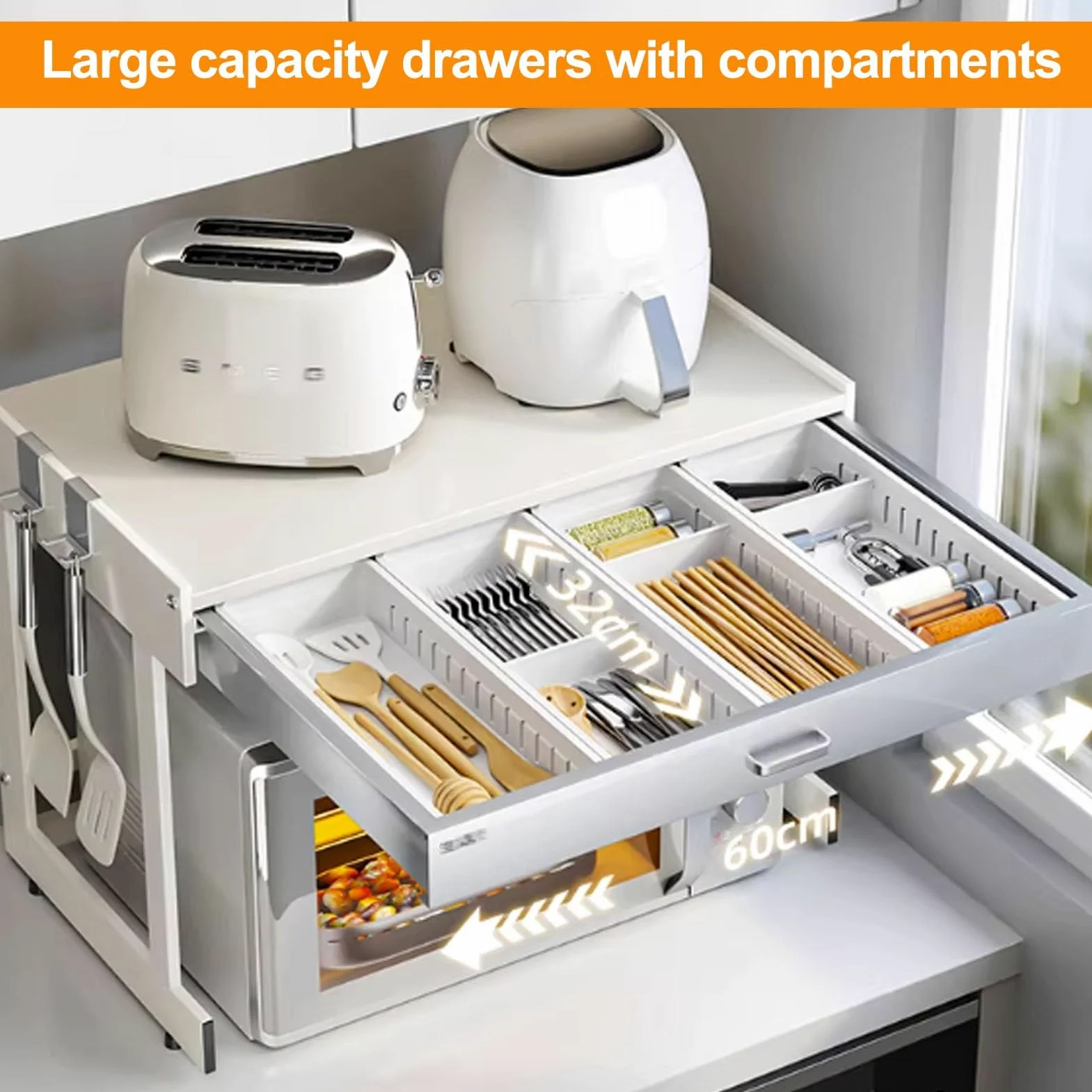 3 Livelli Mensola Microonde, Scaffale Per Microonde con Cassetto, Supporto Per Microonde con Spazio Contenitore Per Ingresso E Soggiorno(Off-white+Gray,L52cm/20.4'')