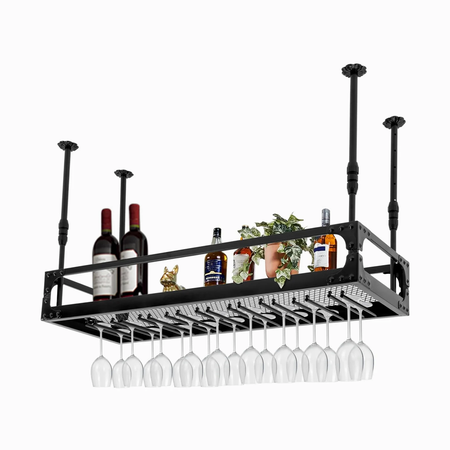 Scaffale da soffitto per bicchieri da vino, stile industriale, 100 x 35 cm, altezza regolabile 35 – 55 cm, portata 50 kg, con 9 supporti in vetro e barra di protezione, metallo nero per bar