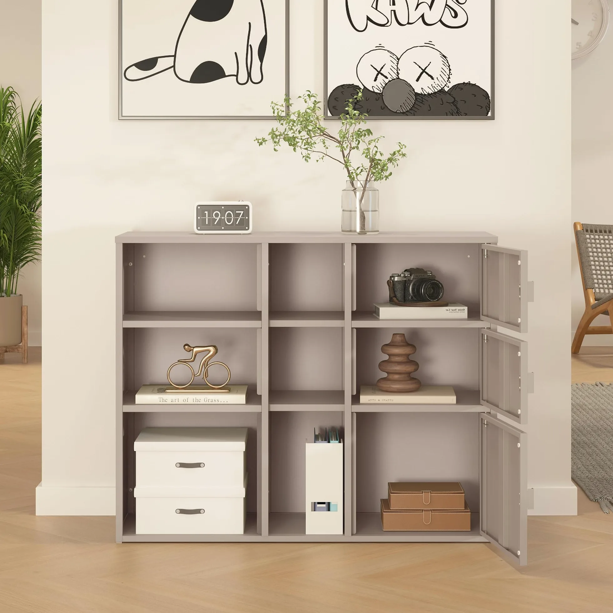 [en.casa] Mobile Contenitore da Ufficio in Acciaio Armadio Portadocumenti con 6 Vani Aperti e 3 Scomparti Chiusi da Ante Scaffale Archivio per Studio Ingresso 100 x 32 x 81 cm - Color Cammello