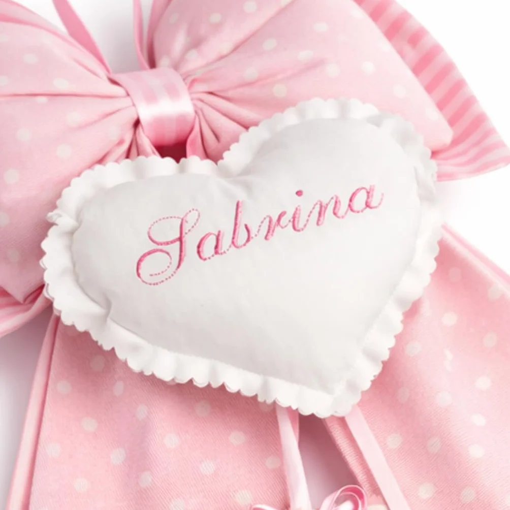 Fiocco Nascita personalizzato con nome sul cuore 52 x 35 cm Pois-rosa