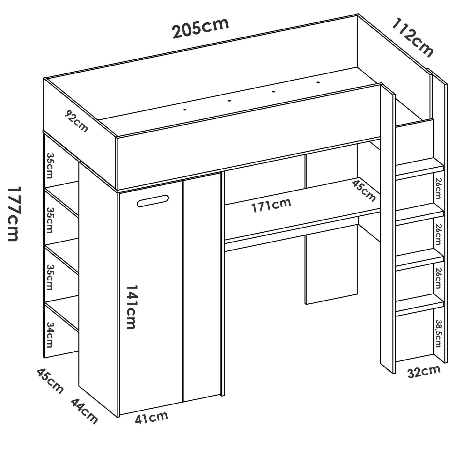 Dmora - Composizione camera da letto Focoletta, Stanza da letto completa, Cameretta per bambini, Set per arredo a ponte, 206x111 h178 cm, Bianco e Rovere