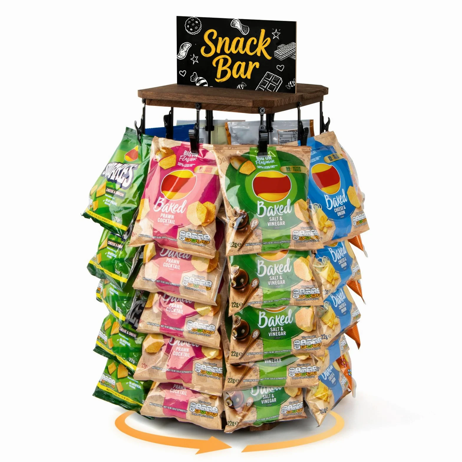 PUERSI Espositore per Patatine in Legno, 5 Ripiani con 40 Clip | Organizzatore Girevole per Snack da Banco Ufficio, Espositore per Caramelle per Eventi, Feste, Negozi, con Bacheca - Marrone