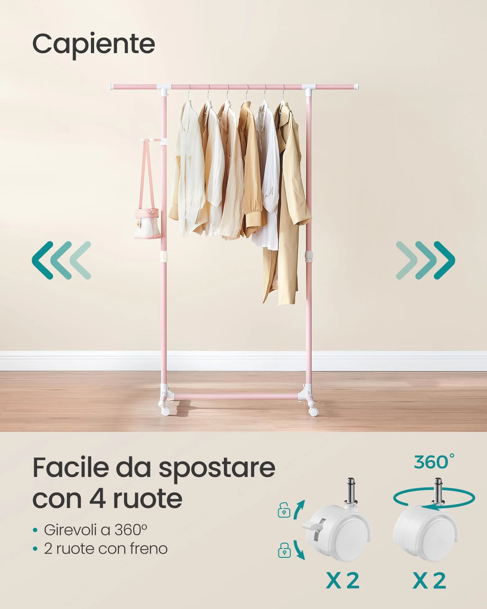 SONGMICS Stand Appendiabiti con Ruote, Attaccapanni Regolabile 97-165 cm, Rosa Pastello LLR001R02