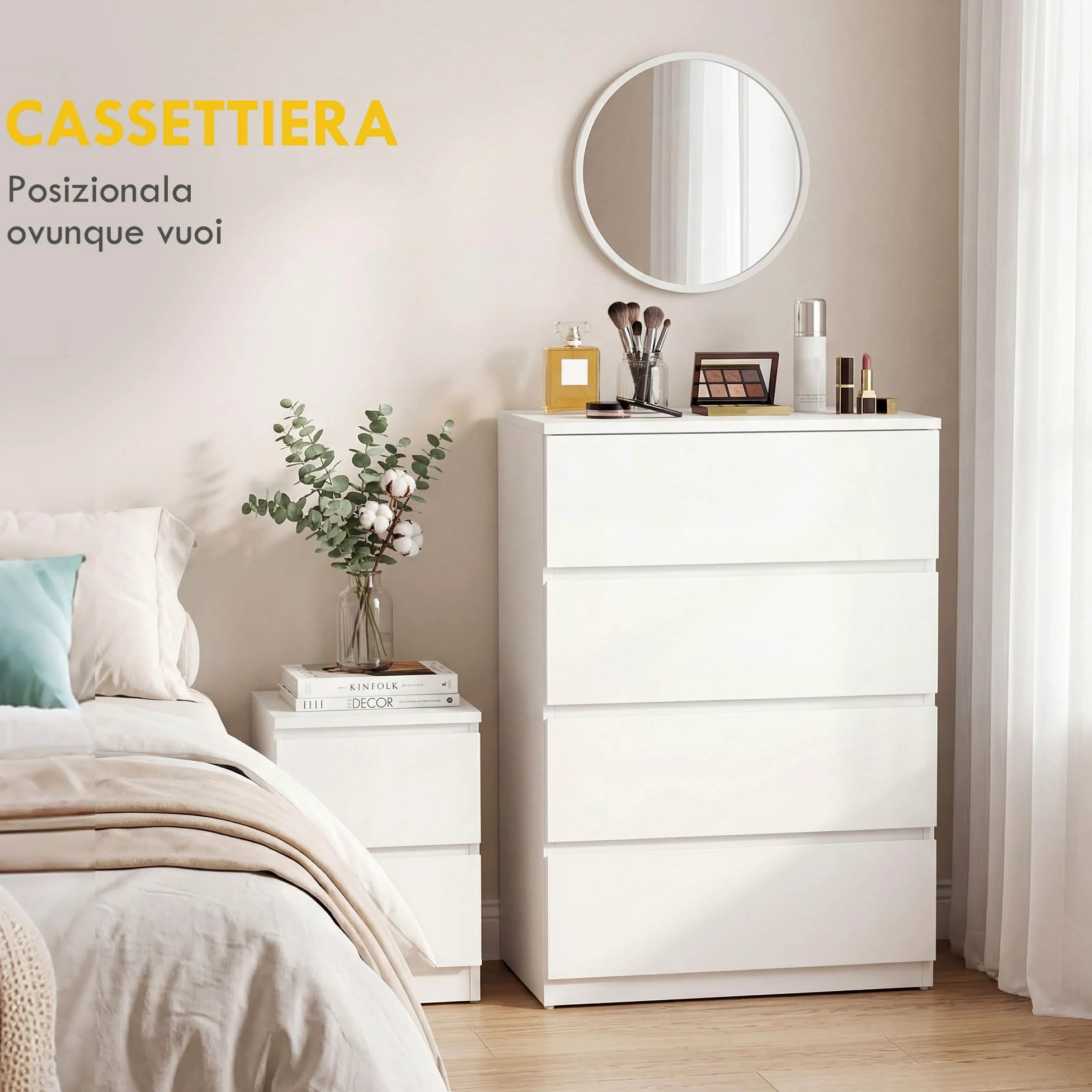 HOMCOM Cassettiera Camera da Letto 4 Cassetti, Comò Camera da Letto in Legno, per Soggiorno, Sala da Pranzo e Corridoio, 60x40x80 cm, Bianco