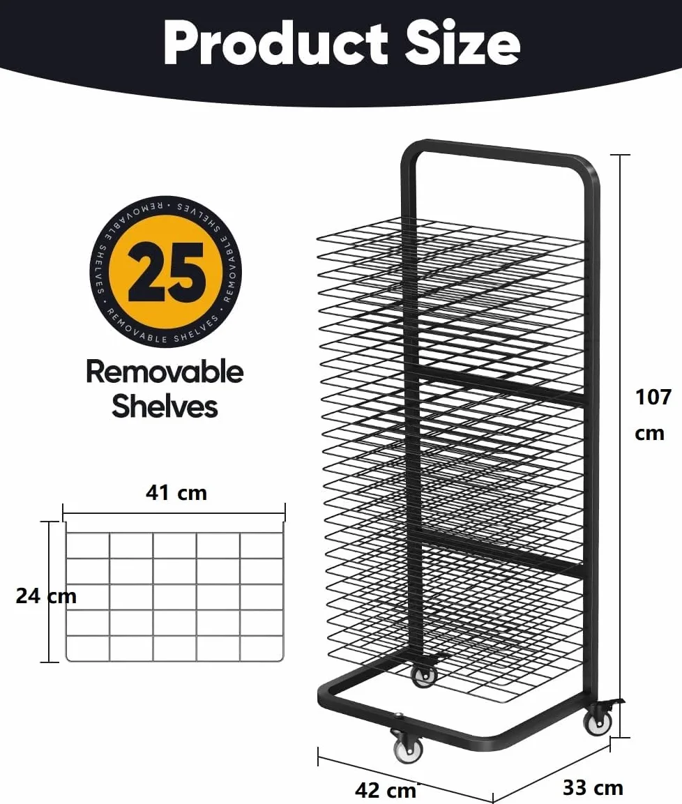 Garbuildman Stendibiancheria resistente per dipinti, supporto in metallo con 25 ripiani rimovibili, scaffale mobile in tela con ruote bloccabili per aule e studi artistici, nero
