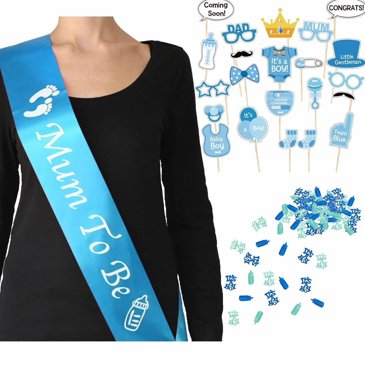 Jonami Decorazioni Festa Nascita Bambino Fascia Futura Mamma Mum To Be Blu + Foto Booth Props Accessori Foto Divertenti + Coriandoli da Tavolo Accessori Battesimo Baby Shower