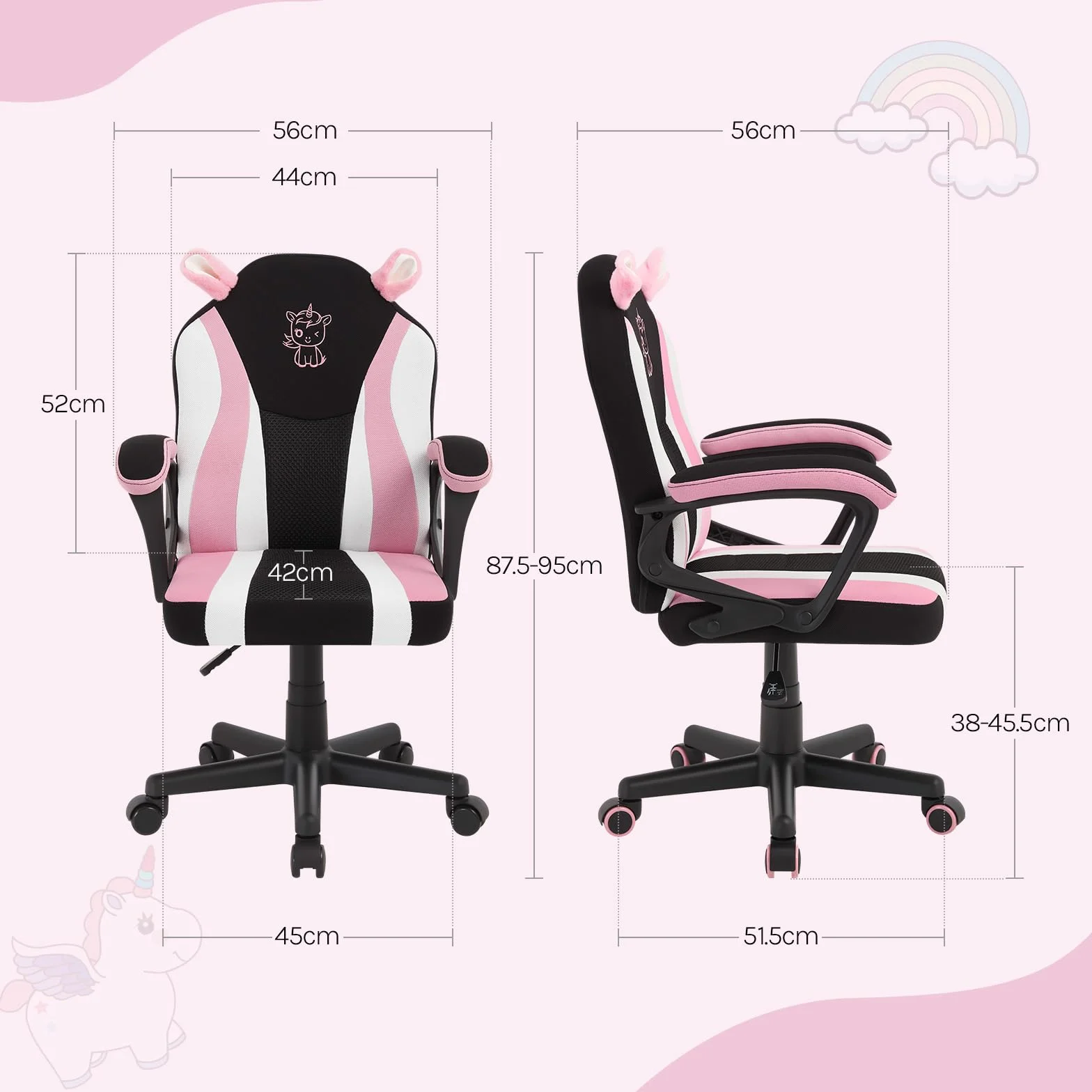 WOLTU Sedia da gioco per bambini, sedia da scrivania ergonomica per bambini con schienale e braccioli, con ruote alternative ponderate, superficie in tessuto a rete, motivo Unicorno