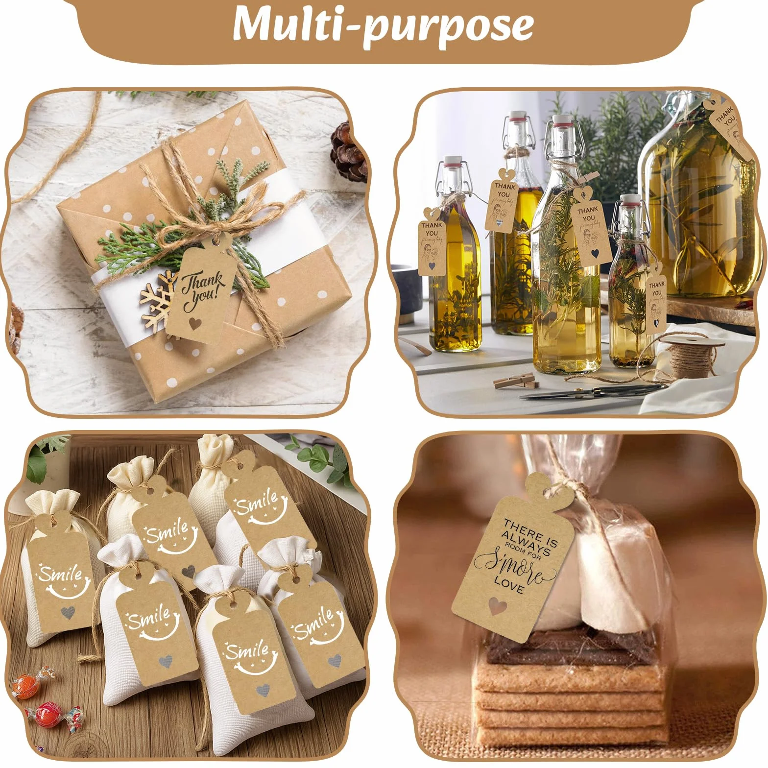 120PCS Cartoncini per Bomboniere 5x10CM Carta Kraft Etichette Vuote con Filo & 30M Juta Naturale DIY per Regali di Matrimonio, Regali, Etichette Marroni, Prezzo, Etichette con Filo-Cuore