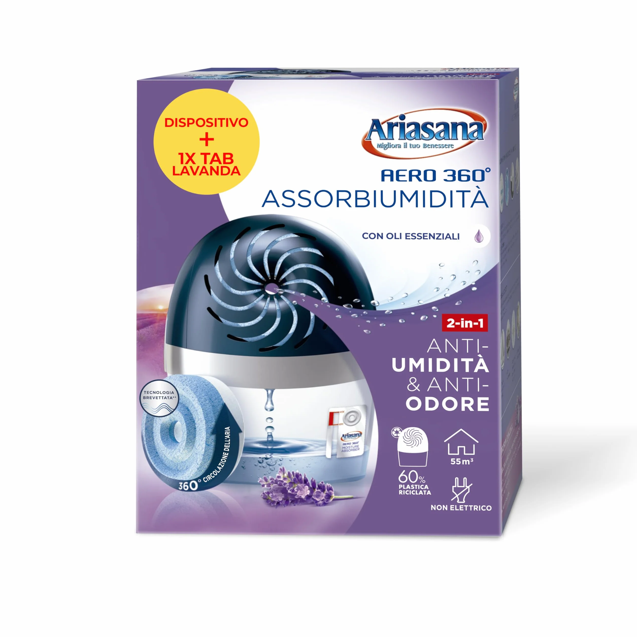 Ariasana Aero 360° kit assorbiumidità, deumidificatore ricaricabile non elettrico, assorbi umidità contro condensa e muffa, 1 dispositivo e 1 ricarica Tab lavanda da 450g
