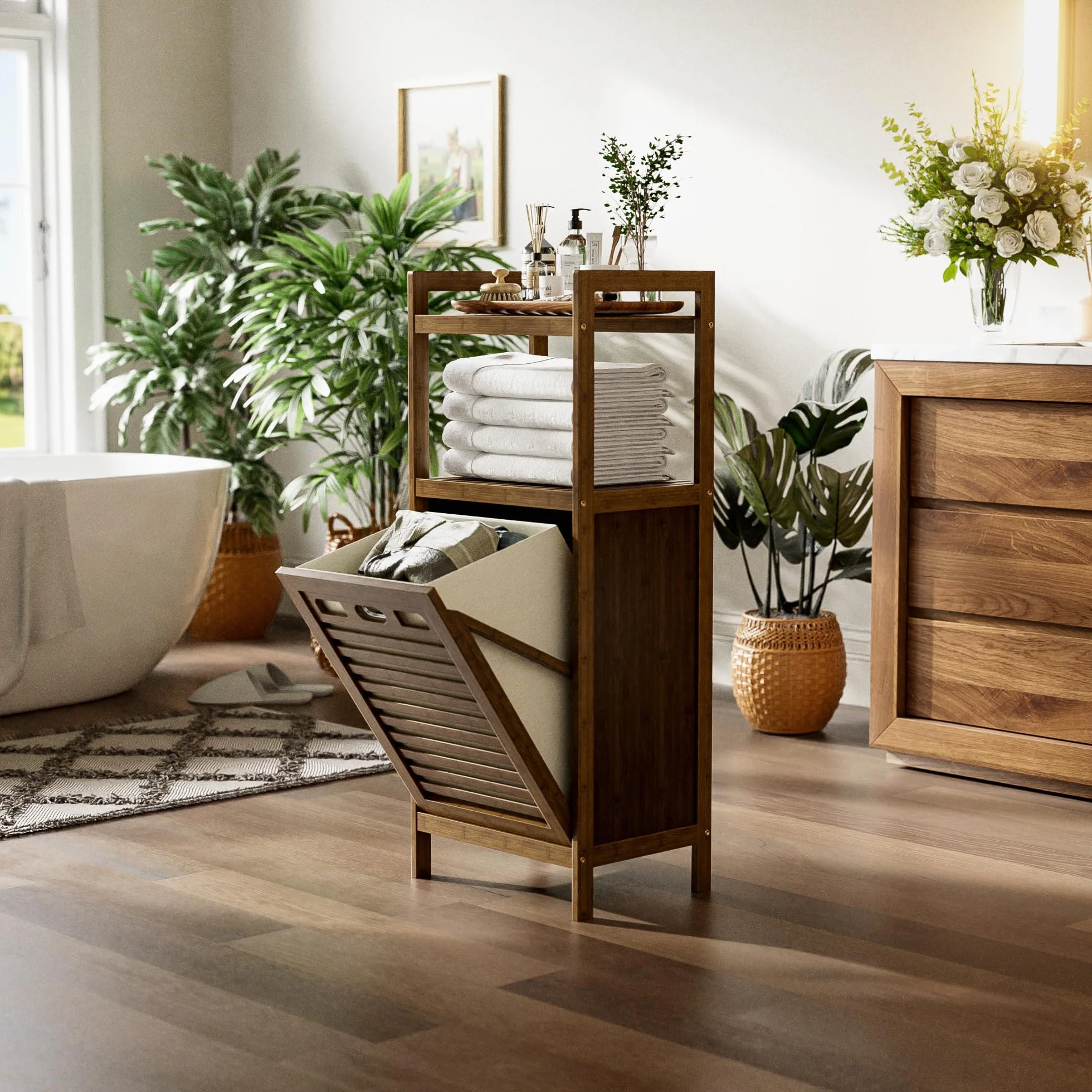 HITNET Mobile Bagno con Portabiancheria, Mobiletto Bagno da Terra in Bambù 2 Ripiani con 1 Cesto Portabiancheria, 40L Sacco Interno Rimovibile con Maniglie per Lavanderia e Camera da Letto, Noce