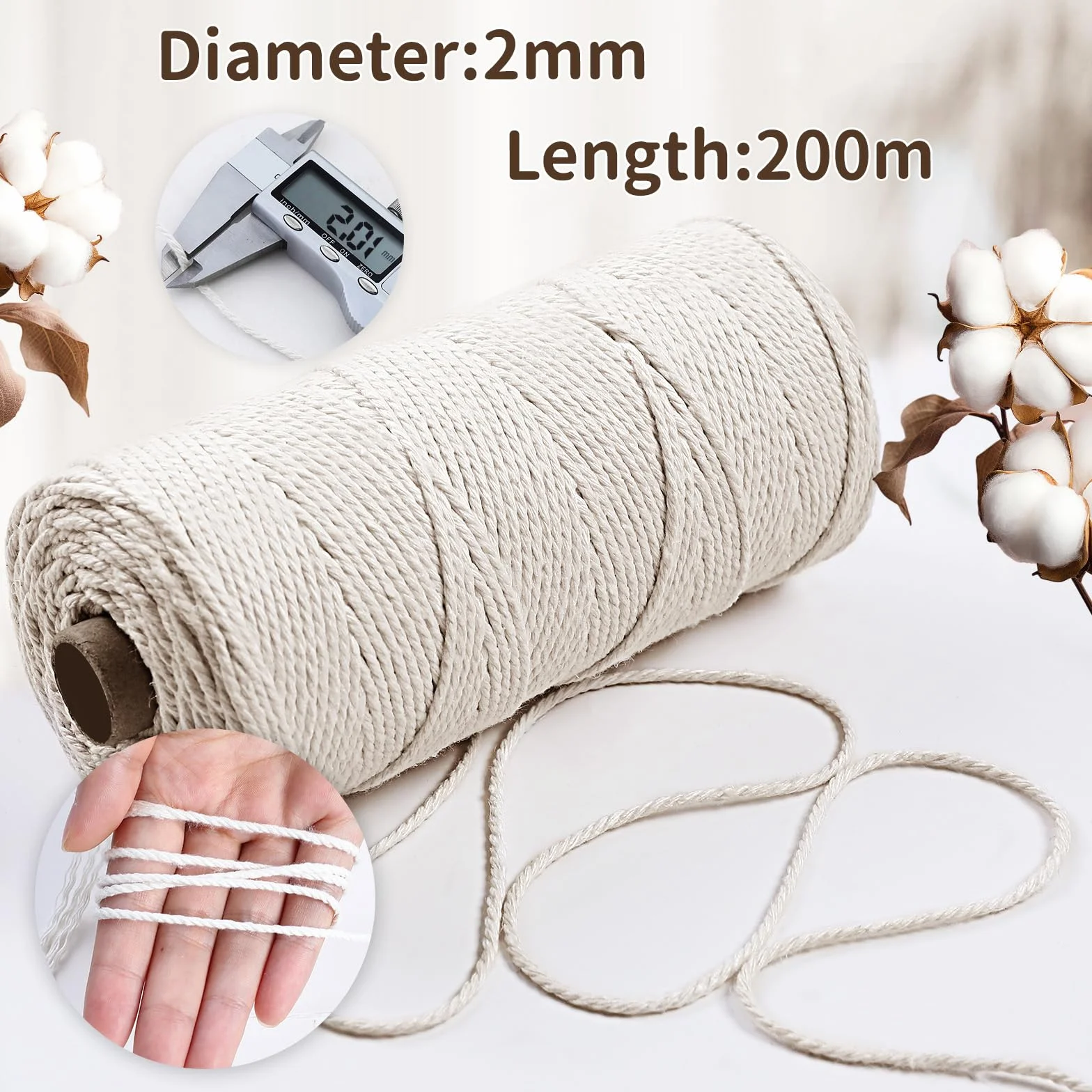 Corda Macrame 2mm x 200m, AiQInu, 100% Cotone Naturale, Beige
